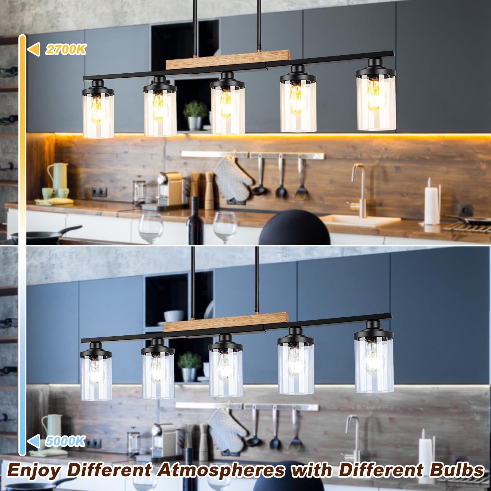 5-Light Kitchen Island Lighting, Farmhouse Dining Room Chandelier Over Table, Modern Pendant Light Fixture With Adjustable Height, Large Black Ceiling Light For Dining Table Sloped Ceiling Compatible
