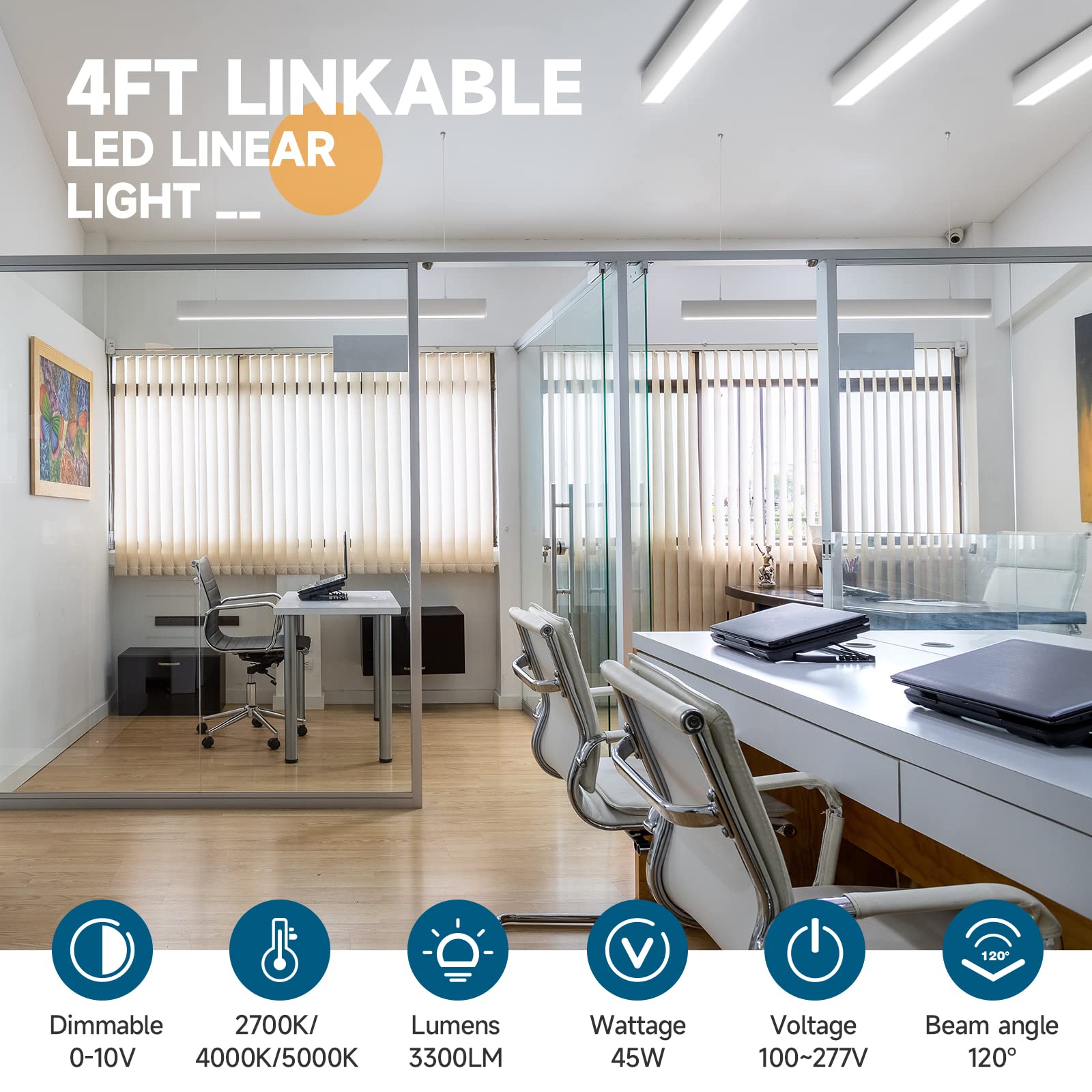 Barrina 4FT LED Linear Light, 45W 0-10V Dimmable Hanging Light, 2700K 4000K 5000K Color Changing, Linkable Office Shop Ceiling L