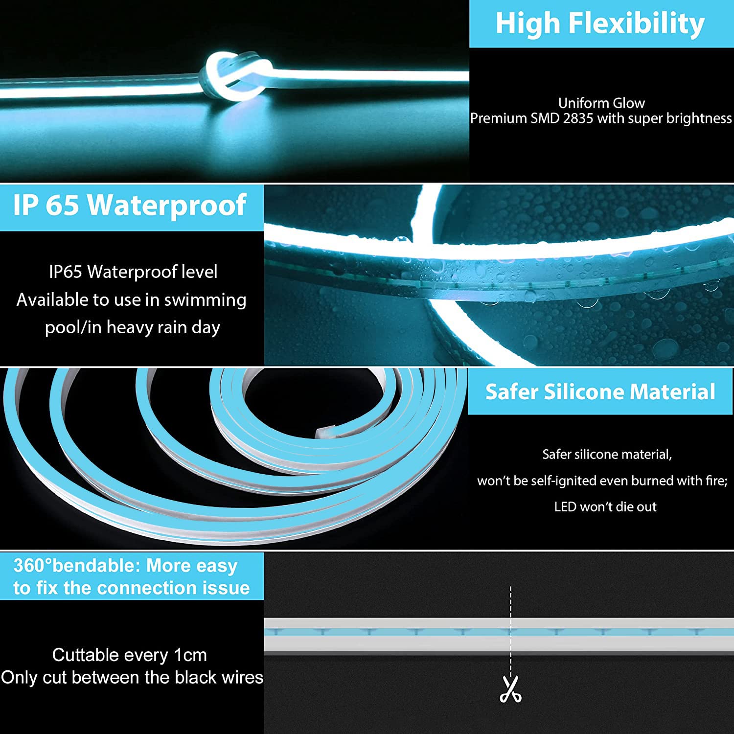 Lamomo LED Neon Strip Light, 16.4ft Waterproof Silicone, Ice Blue, 12V, 1cm Cut, DIY Neon Sign for Indoor/Outdoor Decoration