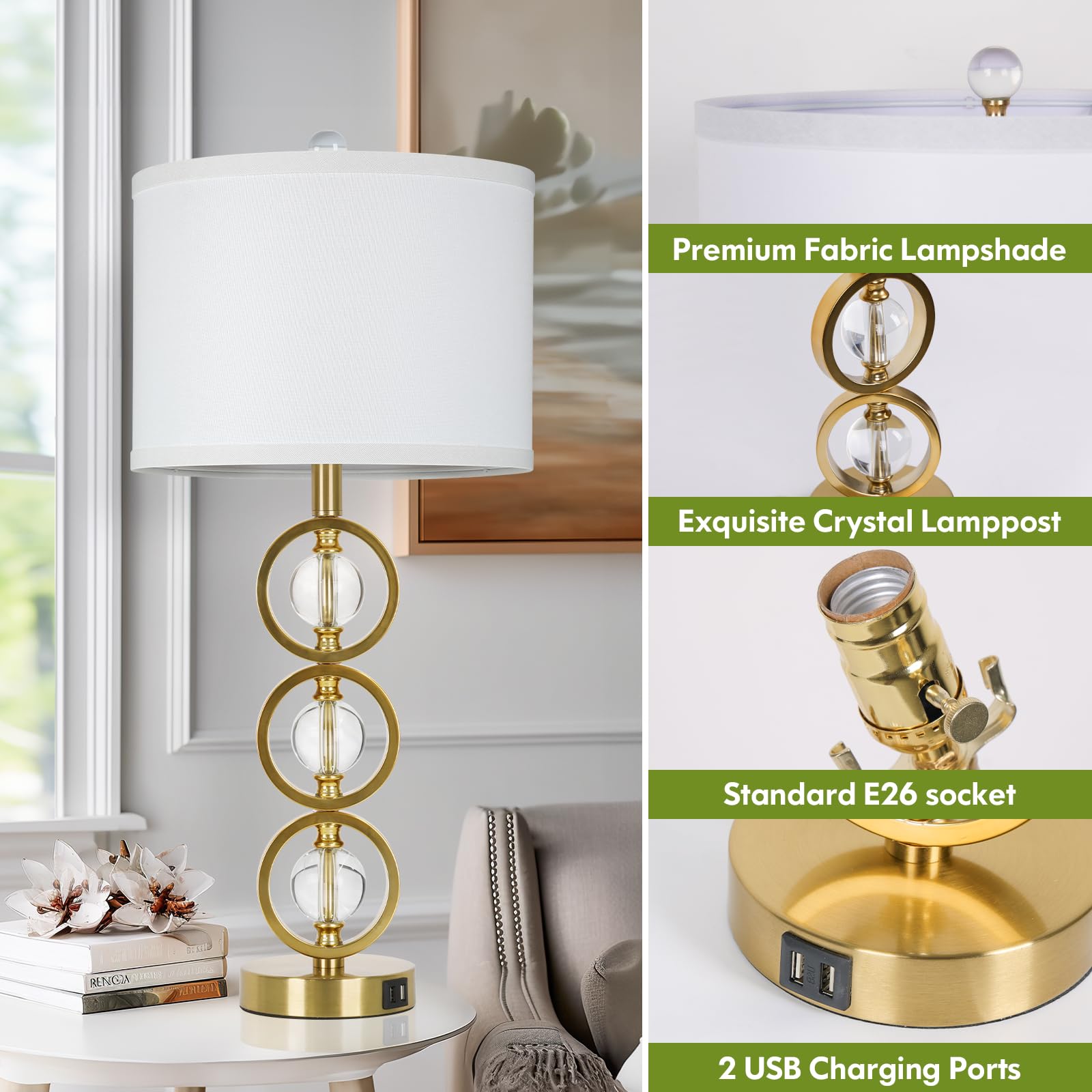 Set Of 2 Modern Gold Table Lamps With 2 Usb Charging Ports, 27 Tall Crystal Bedside Nightstand Lamp With White Fabric Shade, Gla