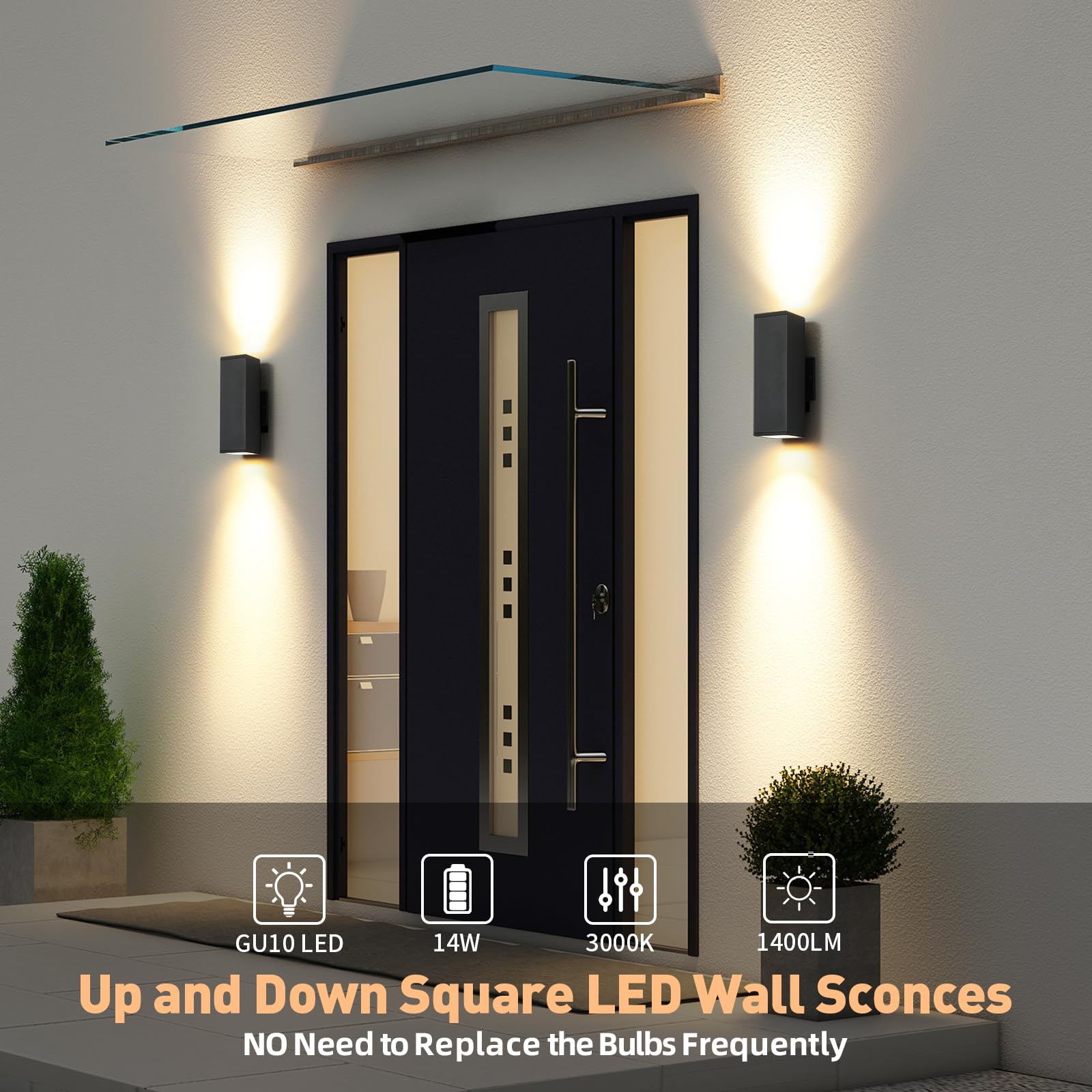 Tewei Led Outdoor Wall Sconce Lights Modern Exterior Lighting Fixtures With 7W Led Bulbs  Matte Black Square Up And Down Outdoor Lights For House Front Porch Garage  Warm White 3000K  6 Pack