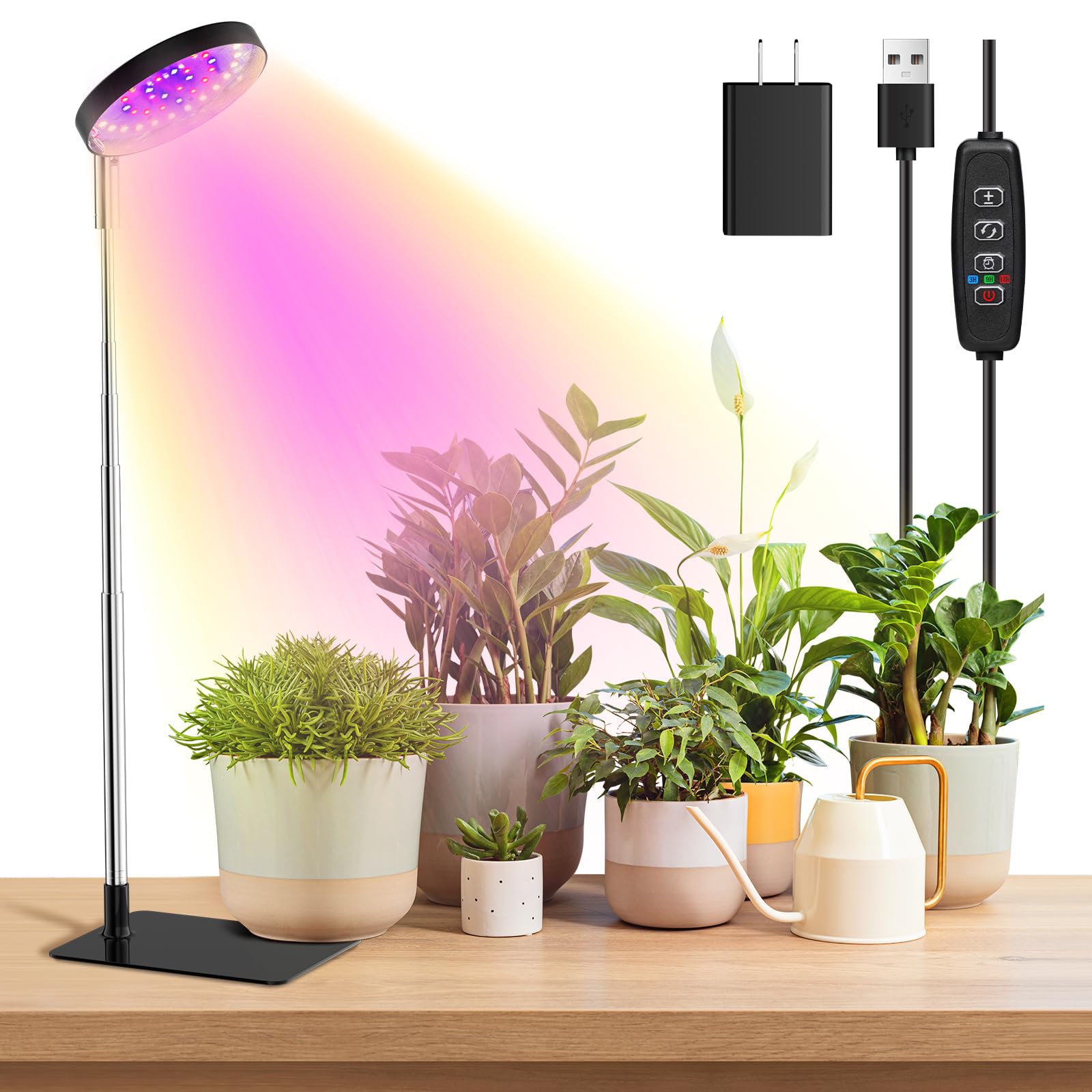 YUYMIKA Grow Lights for Indoor Plants, Full Spectrum, 48 LEDs, 3 Optional Spectrums, 10 Brightness Levels, Adjustable 7in-26in, Black