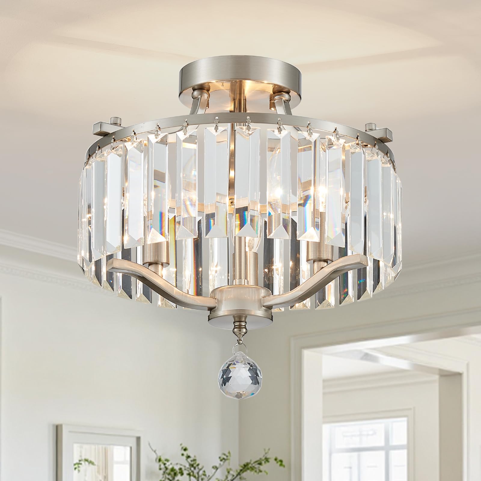 peskoe Brushed Nickel Crystal Semi Flush Mount Ceiling Light Fixture Modern Farmhouse Small Chandelier 3-Light Round Crystal Min