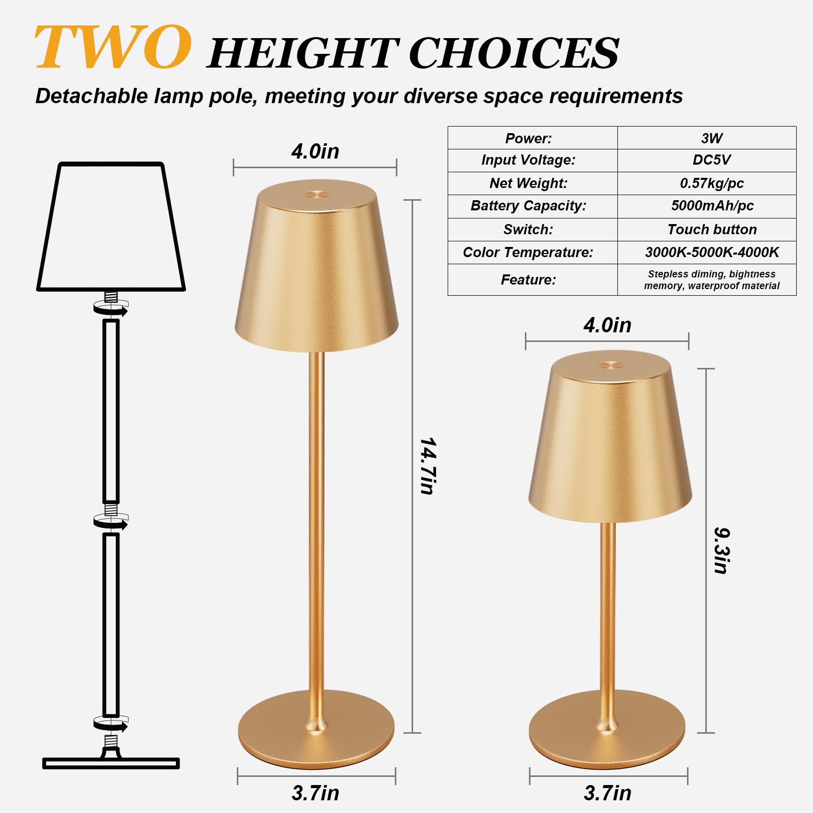 Kakanuo Cordless Table Lamp - 2 Pack Gold, 5000mAH Battery, Waterproof LED, Touch Control, 3 Color Dimming, Circle Shade