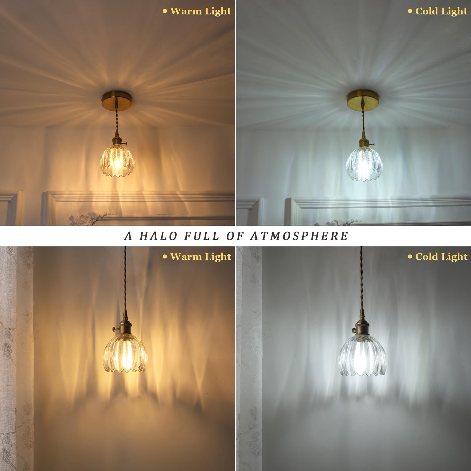 Shenmoyl Mini Pendant Light 2 Pack With Clear Tulip Glass Lmapshade, Brass Vintage Pendant Light Adjustable Hanging Light For Ki