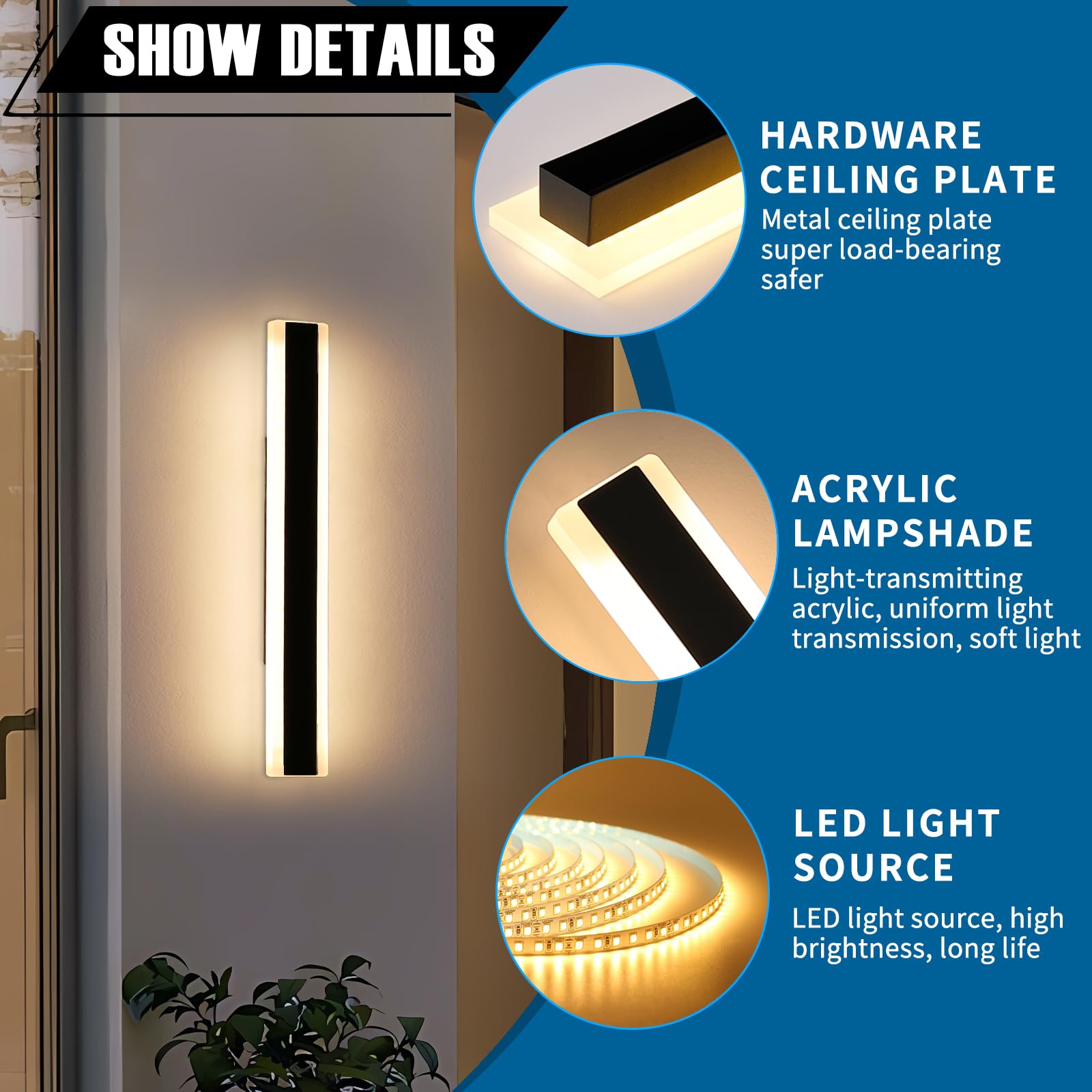 Daoseolo LED Outdoor Porch Light - 23.6" Modern Wall Sconce, IP65 Waterproof, 3 Color Temperatures, 24W, Acrylic, Model TC-FTBD-SS