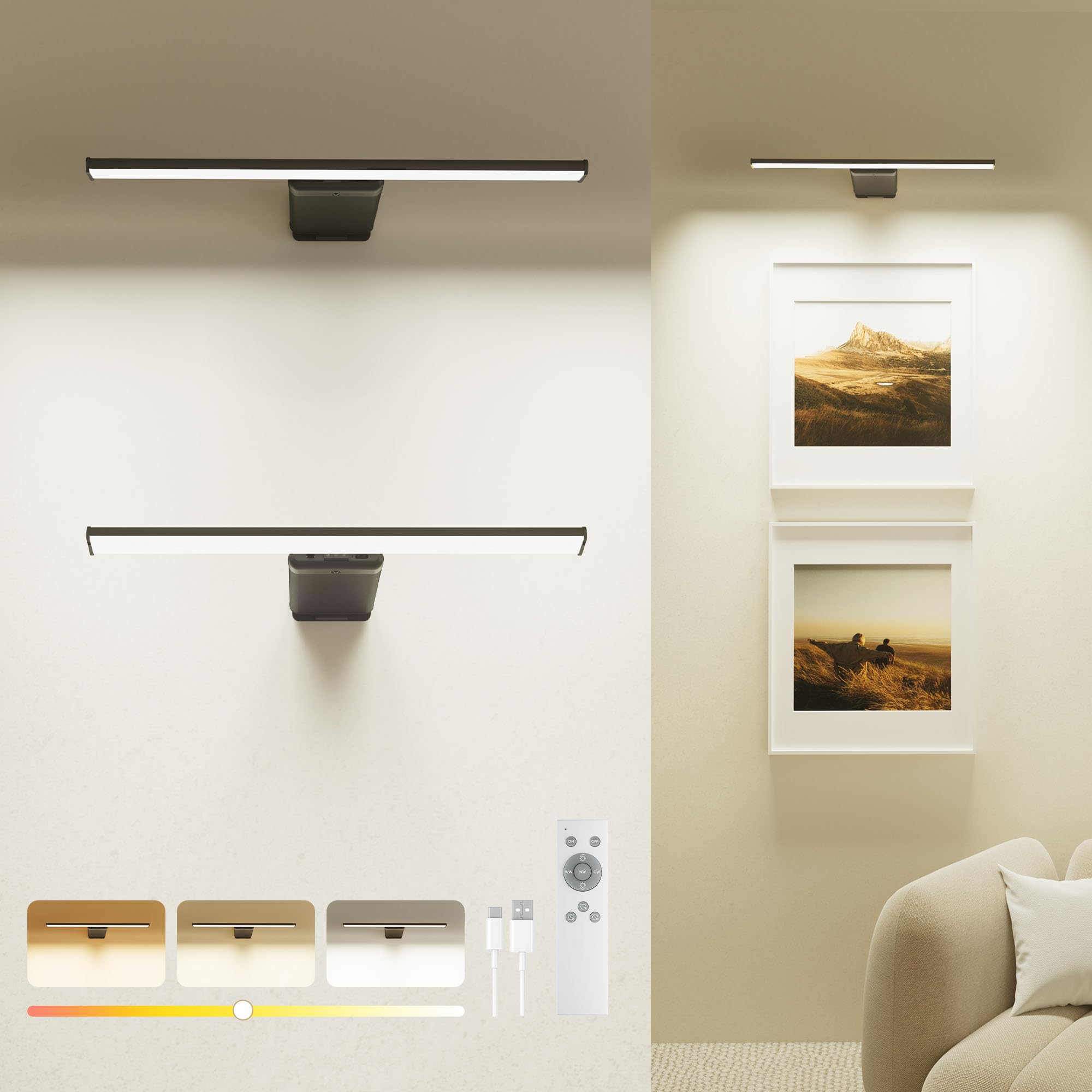 2 Pack Picture Light for Wall Rechargeable Art Light with Remote, 3 Colors & 5 Brightness Levels, 12000mAh Battery Operated Ligh