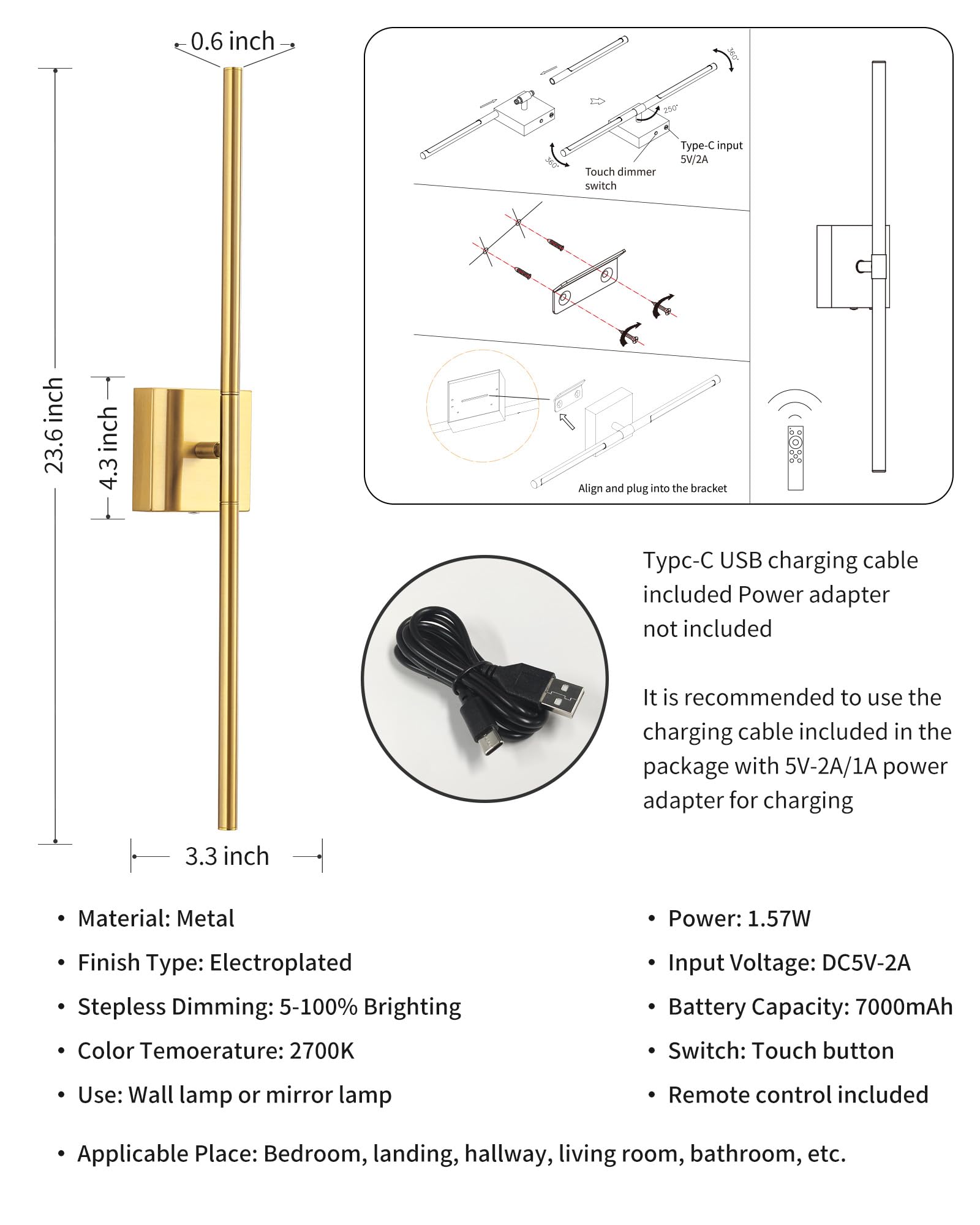 KDG Cordless Wall Sconces - Remote Control, 7000mAh Battery, 23.6" Metal LED Lights, Gold Finish for Bedroom & Hallway