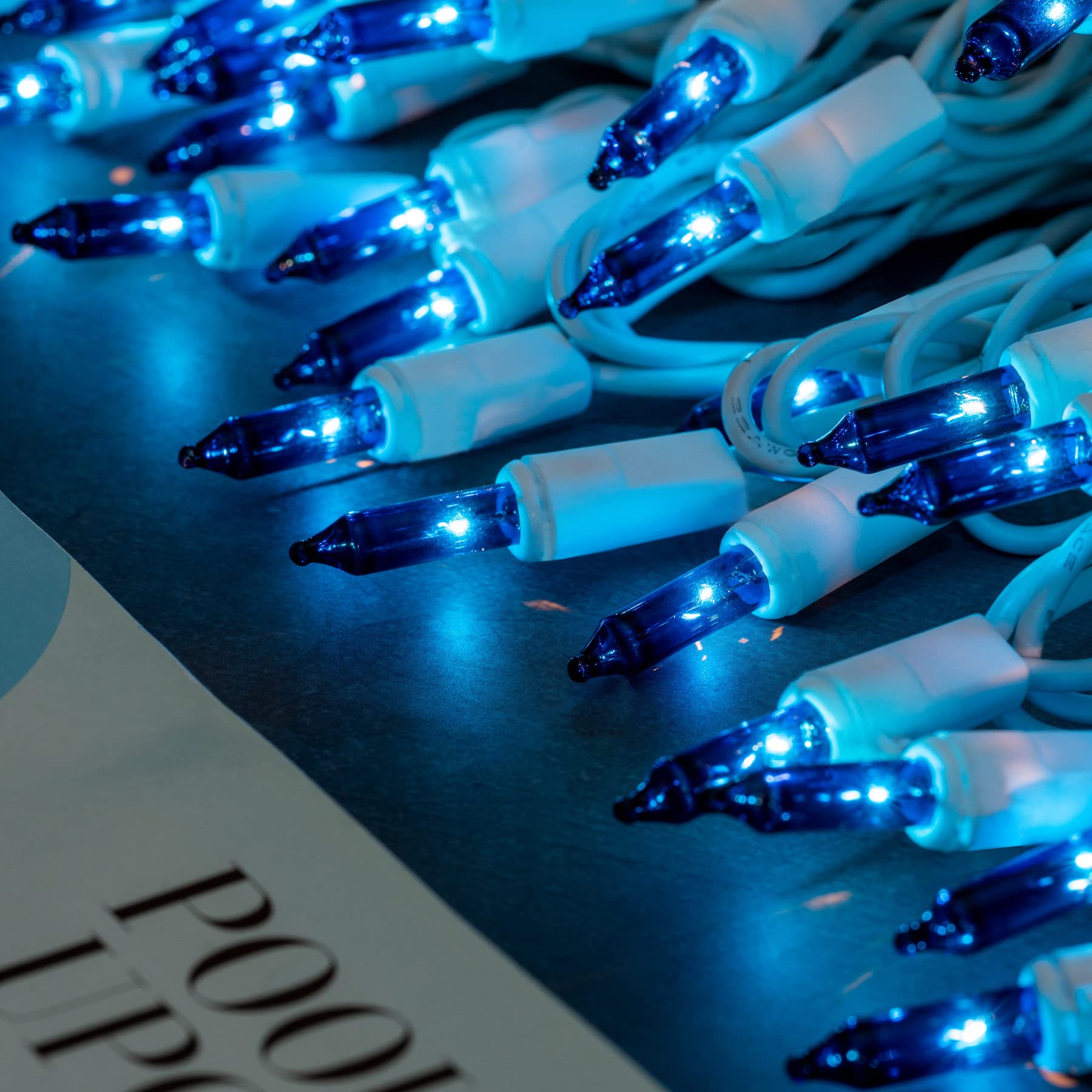 YULETIME Blue Christmas Lights, 200 Count Mini String Lights, 2 Strands of 21 ft, UL Certified, Glass, Blue - White Wire