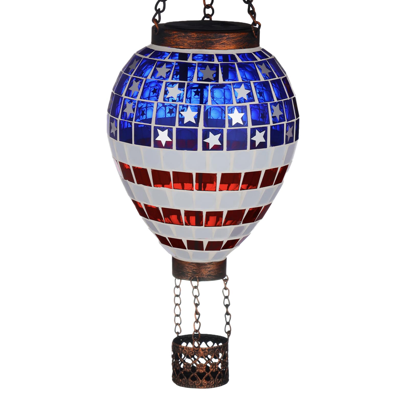 Voreen American Flag Hot Air Balloon Solar Lantern  Handmade Mosaic Outdoor Hanging Wind Light  Ip44 Waterproof  Patio Decorations  Gift For Mom Wife Friend  Patriotic Theme  4Th Of July Decor