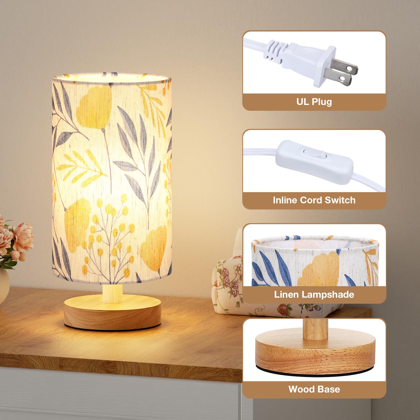 Fenmzee Ginkgo Table Lamp For Bedroom - Inline Control, Small Bedside Lamp With 3000K A15 Led Blub, Easy Assembly (Ginkgo Cream