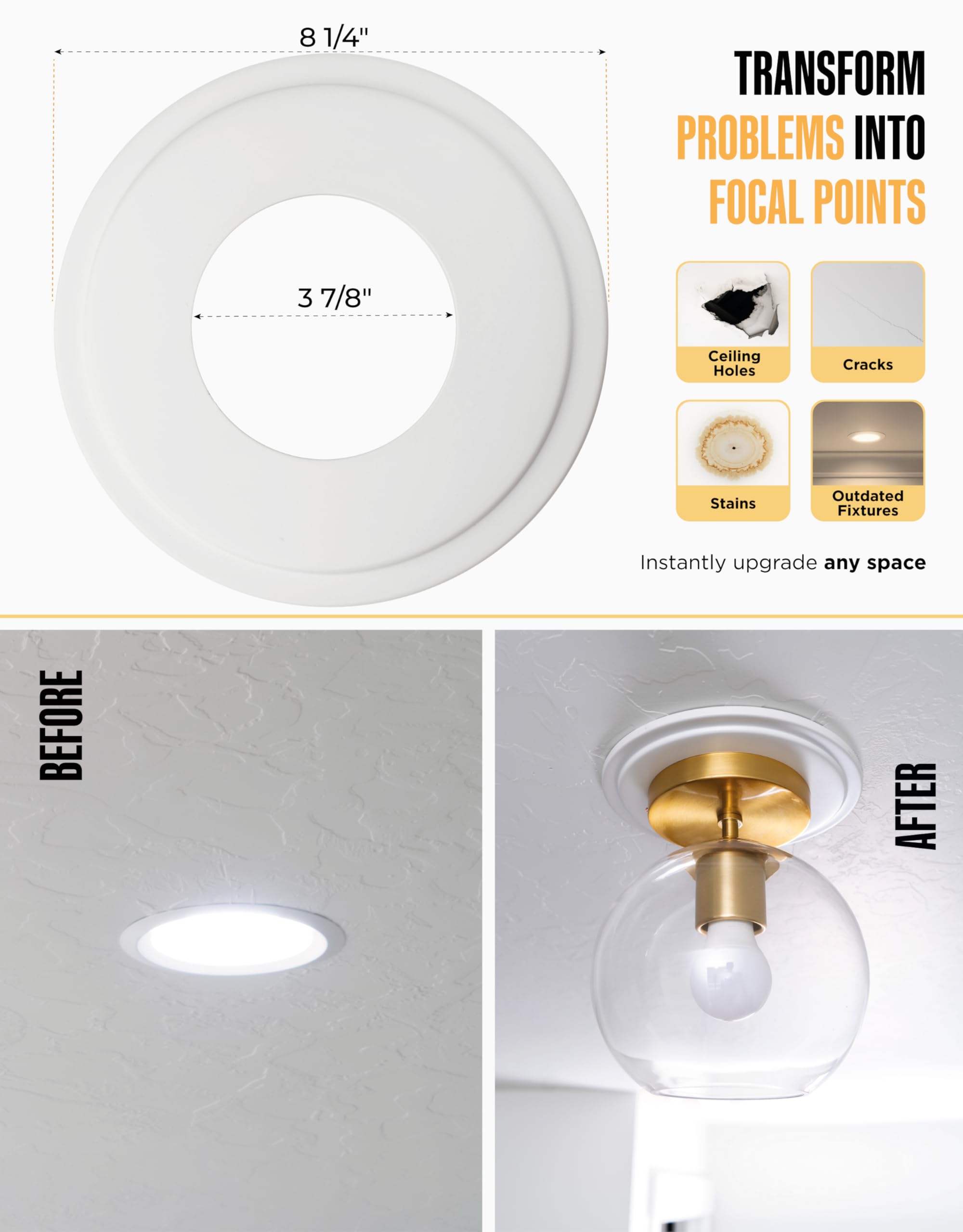 The Can Converter - R1, Recessed Can Light Conversion Kit, For Ceiling Light Fixture, Recessed Lighting, Pendant Light, Hanging Light, For Home Improvement, With 8¼ Beveled Ceiling Medallion, White