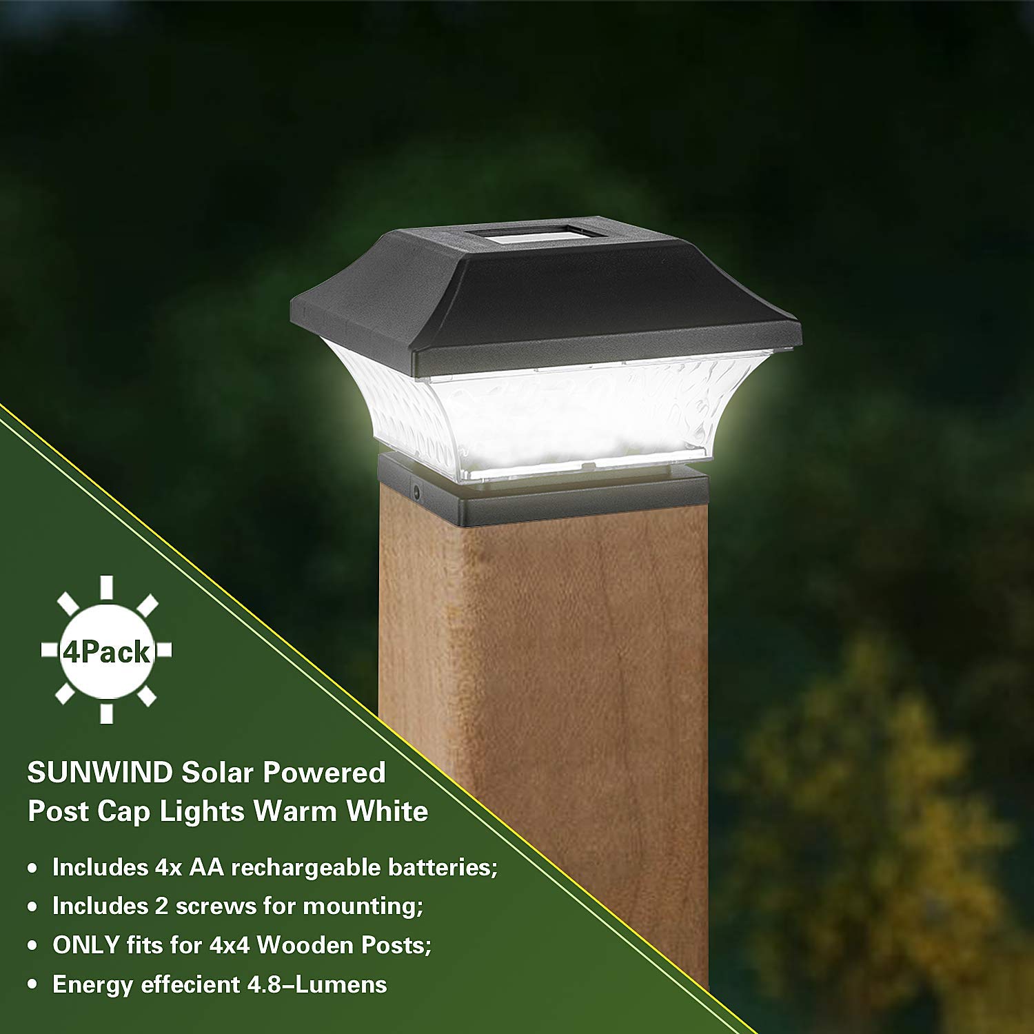 Sunwind Solar Post Cap Lights Outdoor- 4 Pack Led Fence Post Lights For 4X4 5X5 Wooden Posts Warm White Waterproof For Deck, Pat