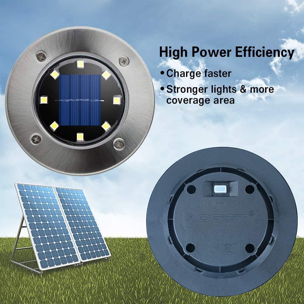 Aogist Outdoor Solar Ground Lights, 8 LED Waterproof Garden Disk Lights, Stainless Steel, 8 Pack, White