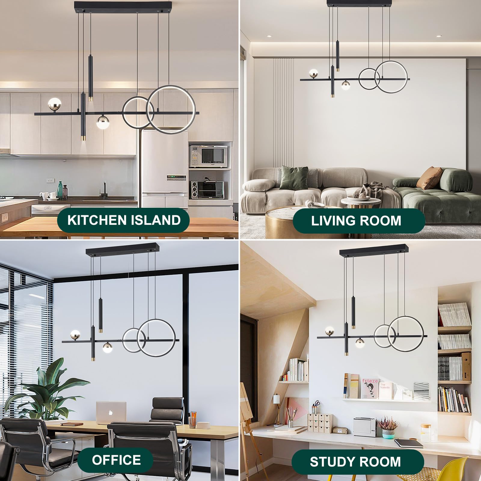 ORANOOR LED Modern Chandelier, 39" Dimmable Black Gold Pendant Light, Wrought Iron, Ideal for Dining Room & Kitchen, Model 88056