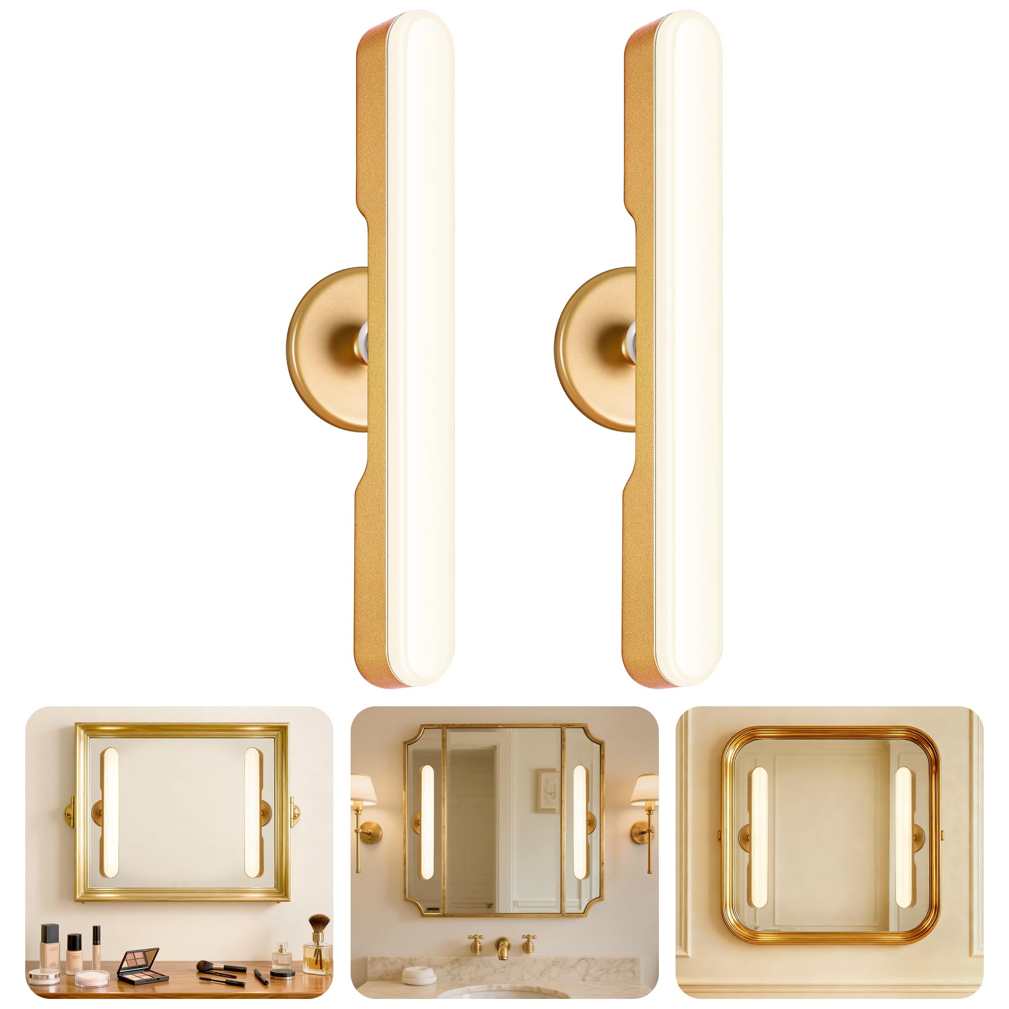 cambk Set of 2 Wireless Vanity Makeup Lights for Mirror  Rechargeable LED Stick On Light Bar for Bathroom Mirror with Dimmable 3 CCT  Long Battery Life Cordless Light for Vanity Desk(Gold)