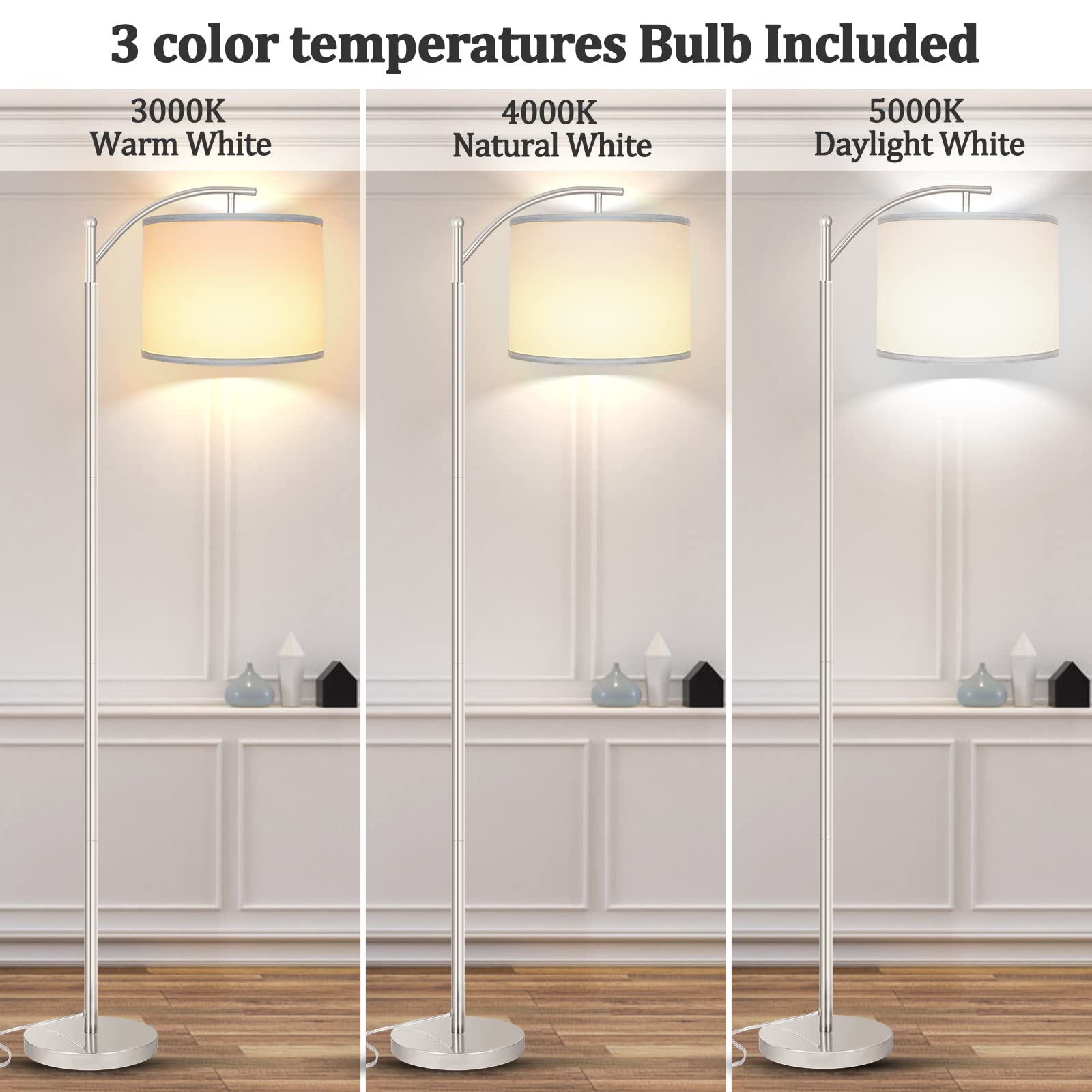 ROTTOGOON Floor Lamp, 3 Color Temperatures LED Bulb, Metal, Silver, Model: floorlamp0123