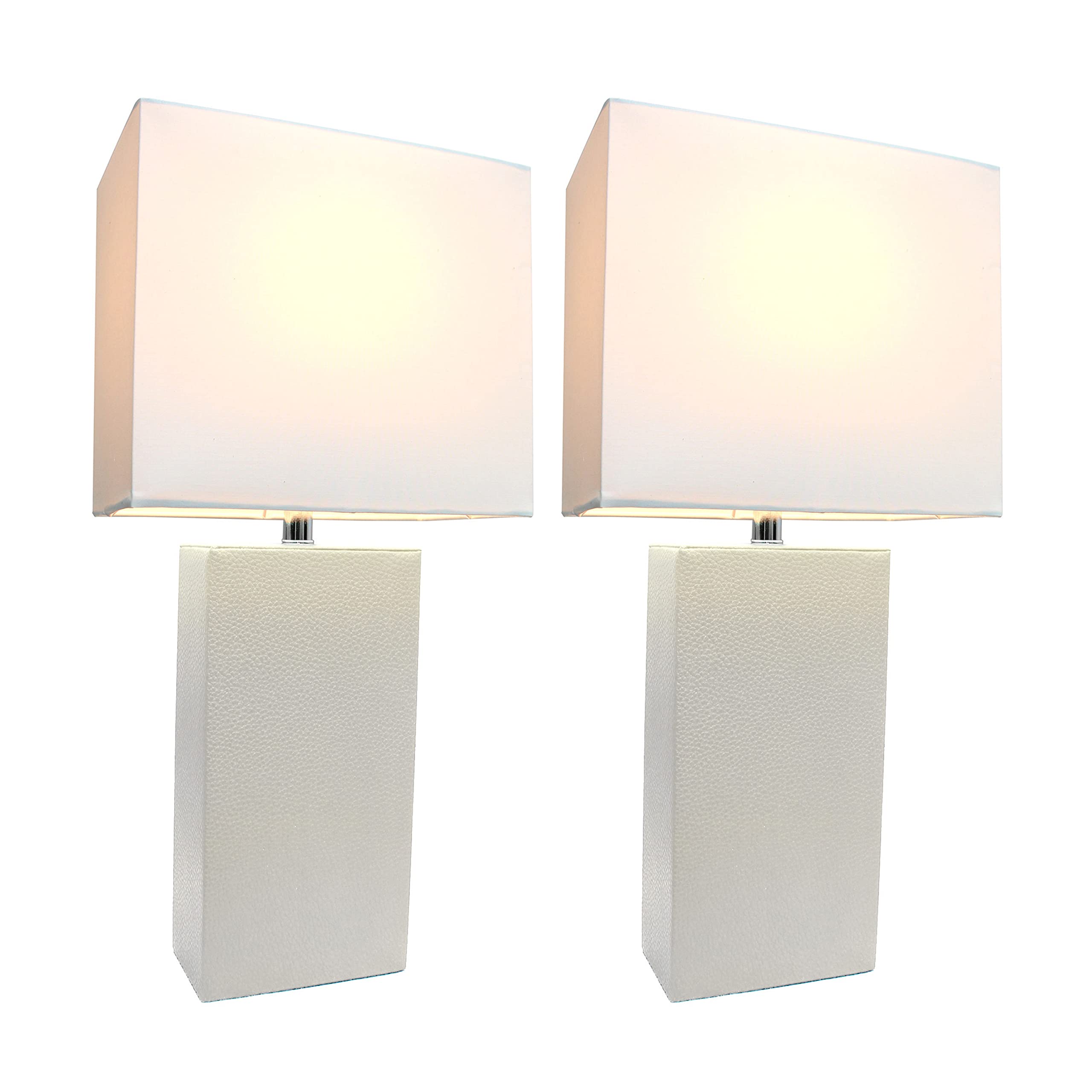 Elegant Designs Lc2000-Wht-2Pk 2 Pack Modern Leather Table Lamps With White Fabric Shades, White