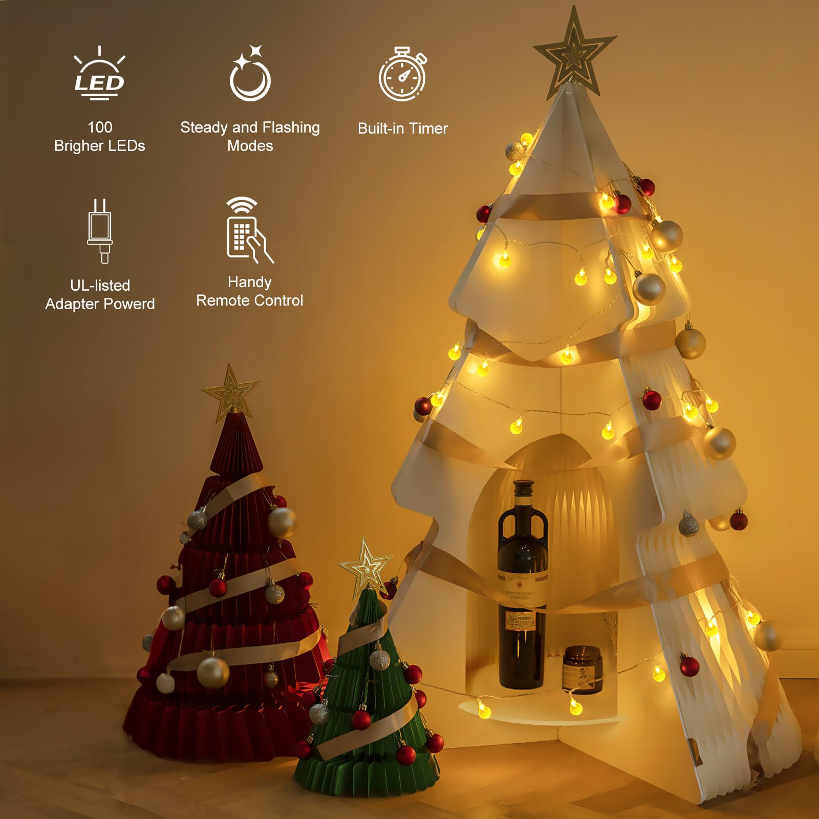 Minetom Globe String Lights 33ft Plug in 100 LED Warm White Fairy Lights with Remote for Outdoor Indoor Decor