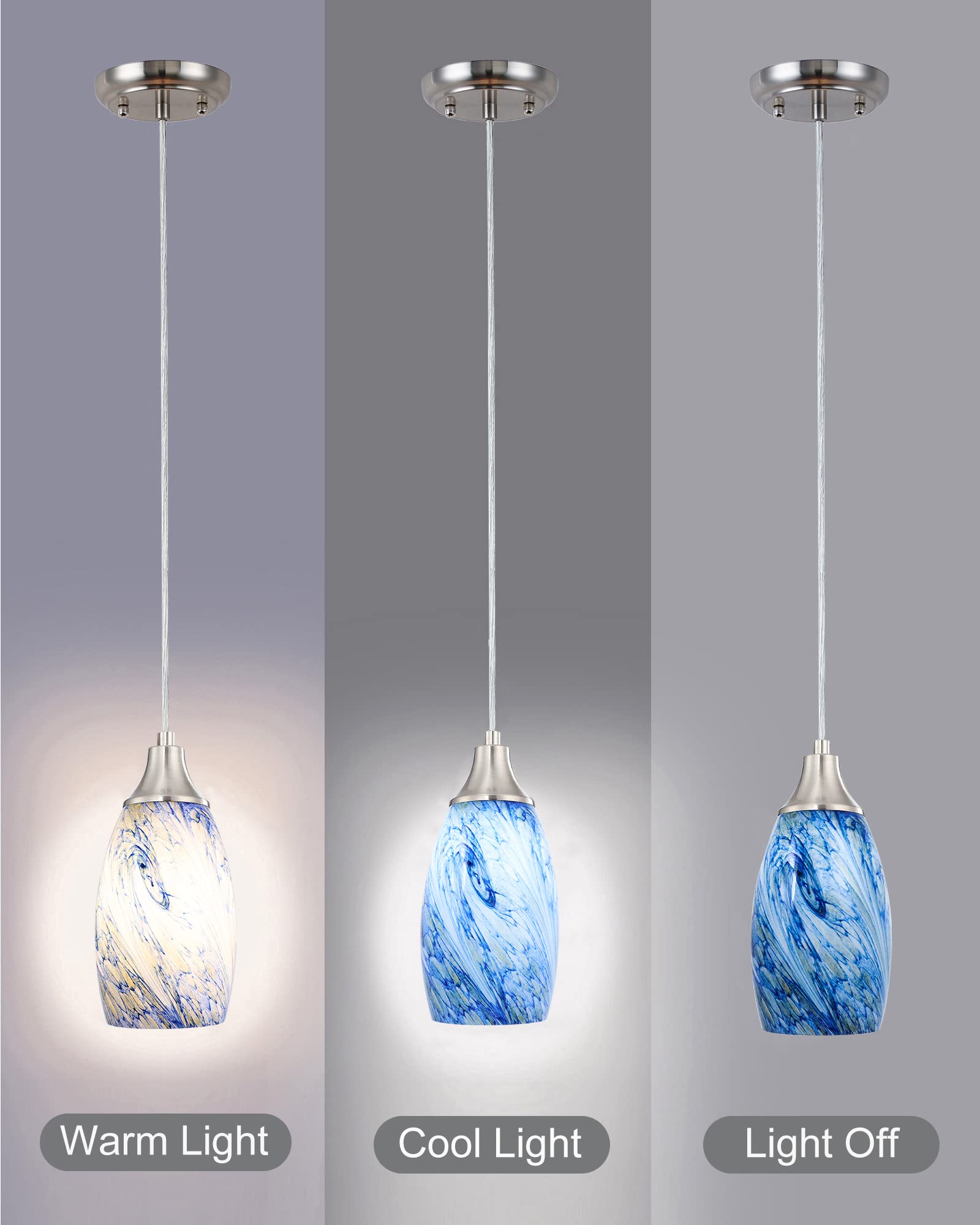 Karyfine Mini Pendant Lights Kitchen Island White Blue Glass Lamp Shade Hand Blown Glass Pendant Light With Brush Nickel Finish