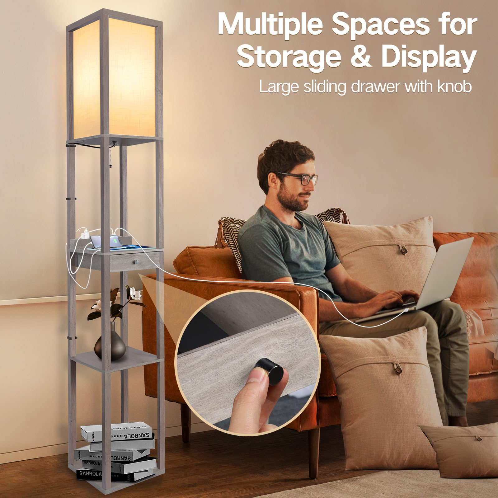 Outon Deluxe Shelf Floor Lamp With 1 Drawer, 2 Usb-C Ports, 2 Ac Outlets, Led Modern Floor Lamp With 3 Color Temperature, Storag