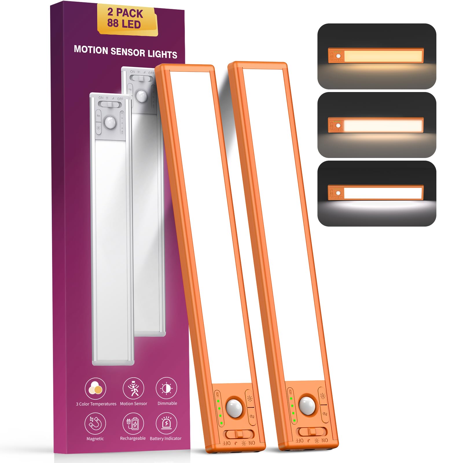 OTWKAY 10.5inch Under Cabinet Lighting with 3 Color Temps, 2 Pack Rechargeable Motion Sensor Lights Indoor, Dimmable Under Count