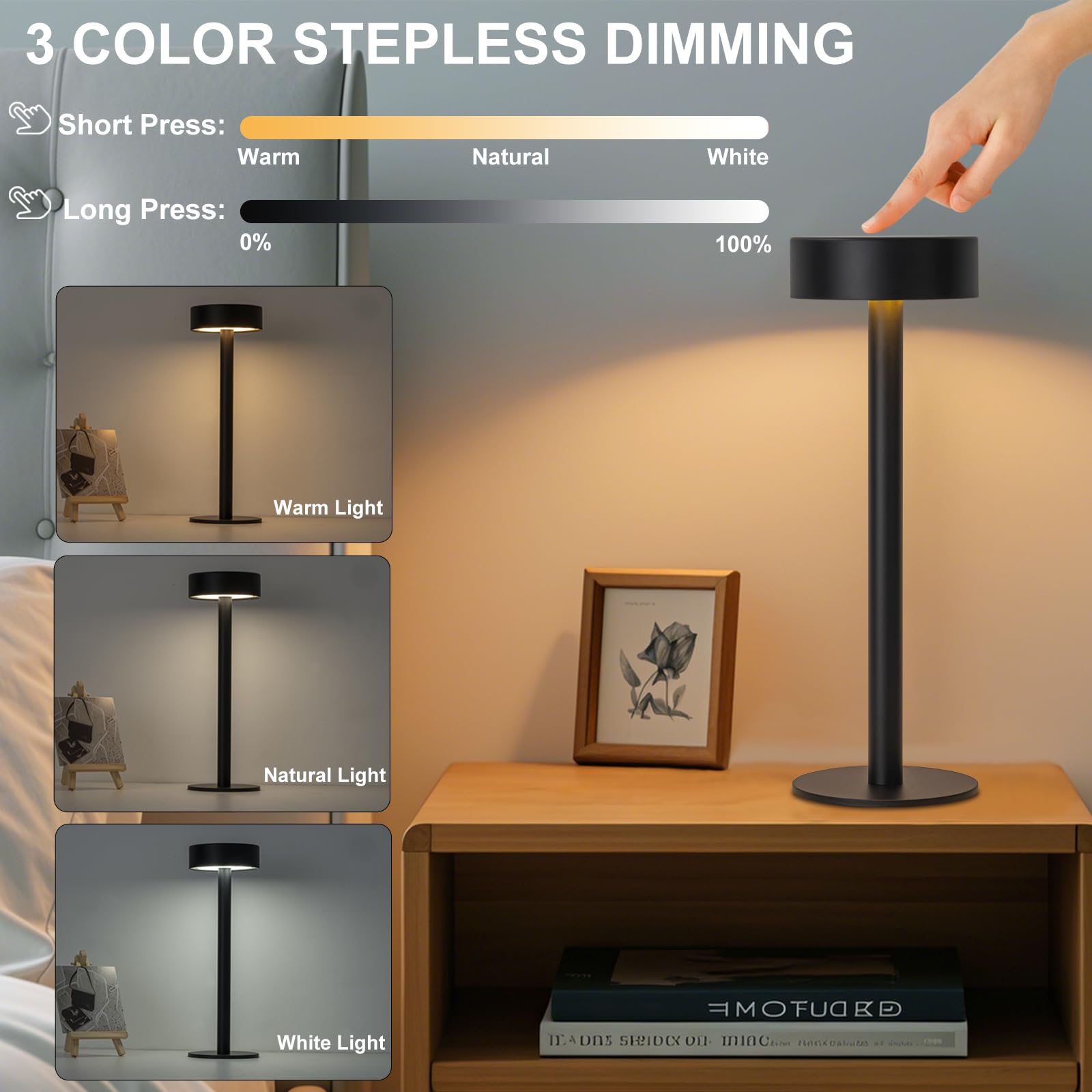 Briever Portable Cordless Table Lamp, Rechargeable Battery Operated Lamp With 3 Colors Stepless Dimming, Outdoor Led Desk Lamp F