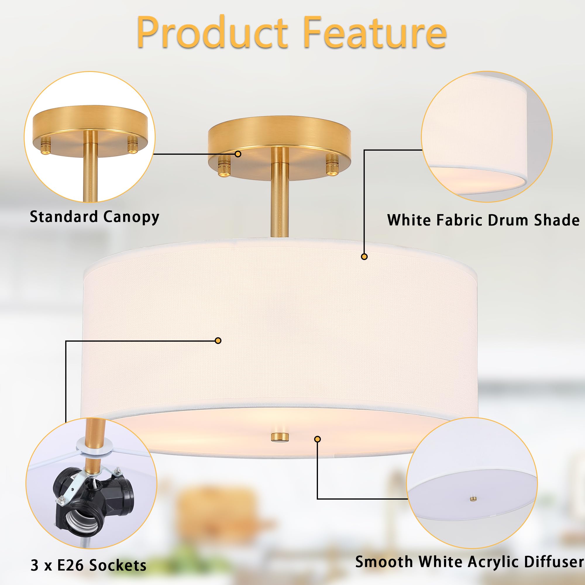 Febeleven 3-Light Semi Flush Mount Ceiling Light Modern Gold Drum Light Fixtures With White Fabric Cover Shade Round Chandelier