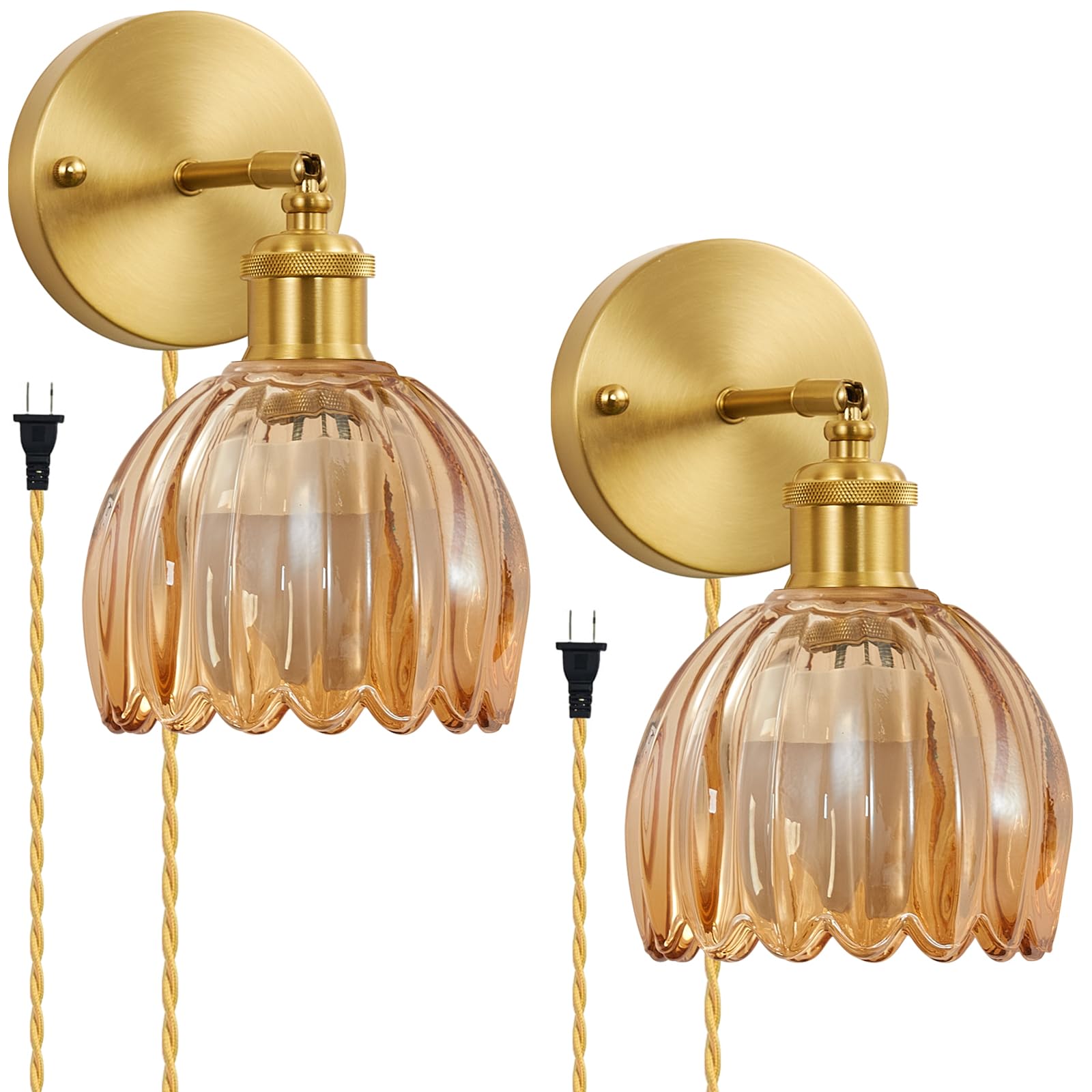 femusytt Plug in Wall Sconces Set of 2, Vintage Wall Lamp with Plug in Cord Amber Tulip Glass Shade Decor Indoor, Gold Wall Ligh