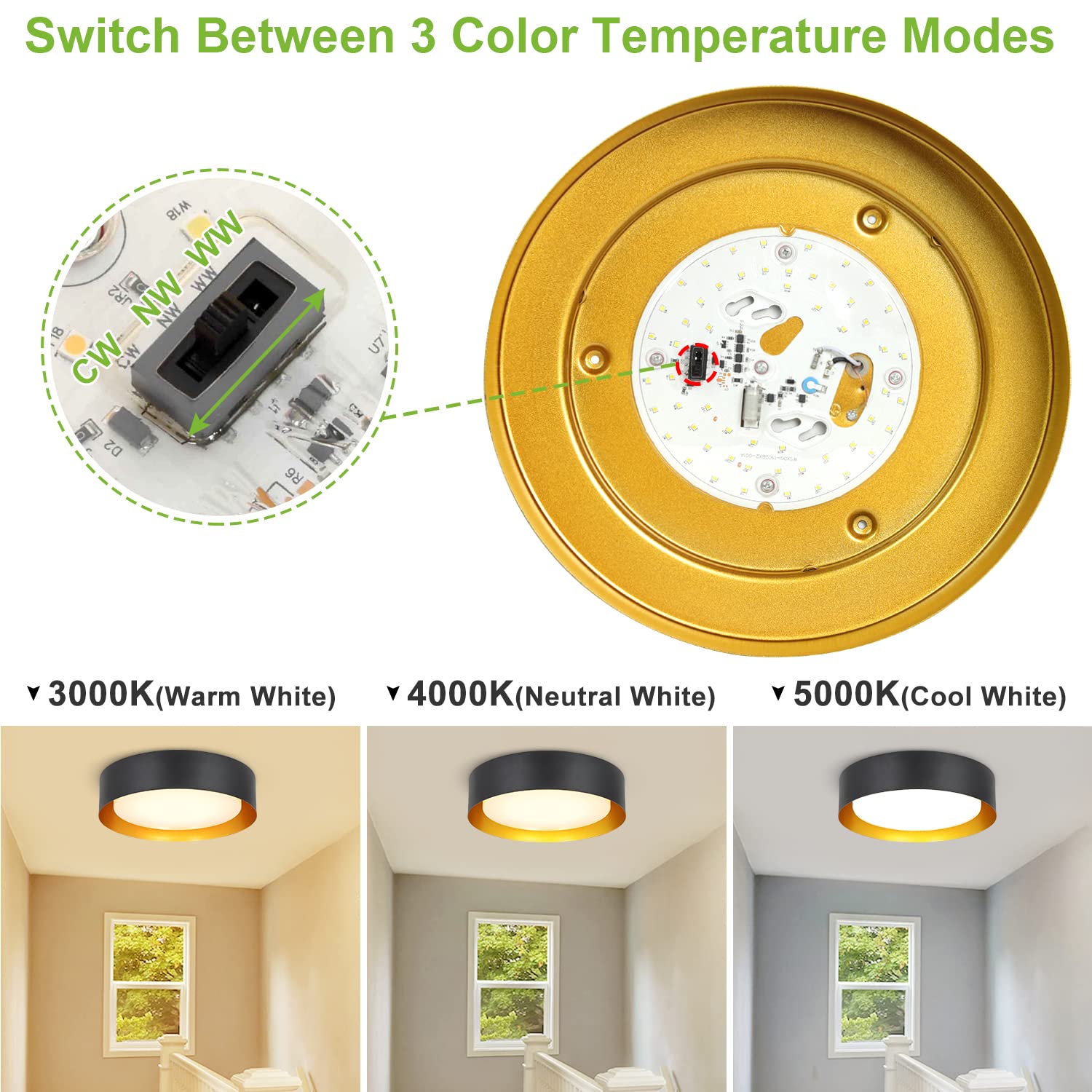 Depuley 18W Flush Mount Led Ceiling Light, 13 Inch Dimmable 3 Color In One Round Light Fixture(3000K-5000K), Black With Gold Ins