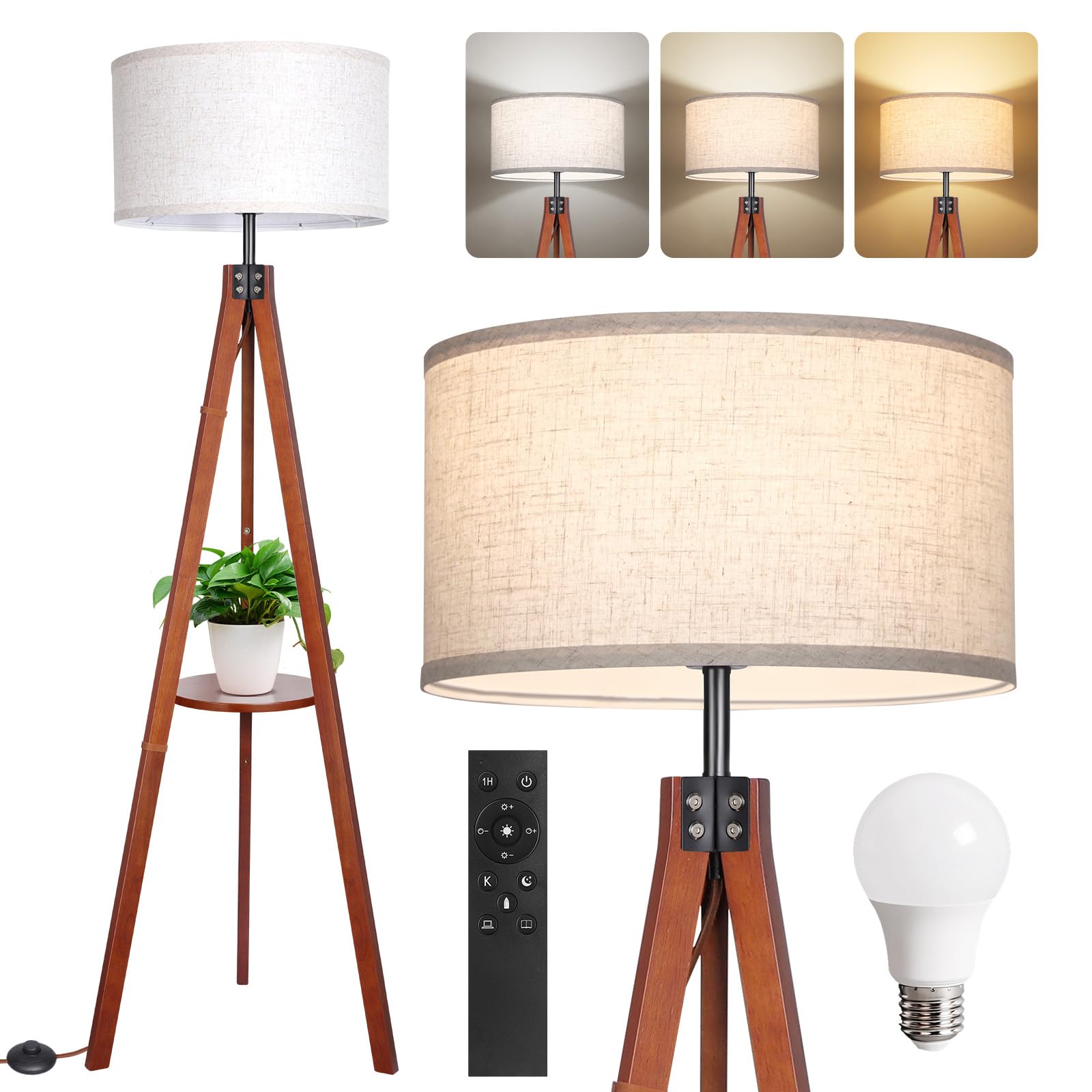 OUTON Dimmable Wood Tripod Floor Lamp with Shelves, Remote Control, Mid Century Modern Standing Lamp 58.5'' for Bedroom, Living 