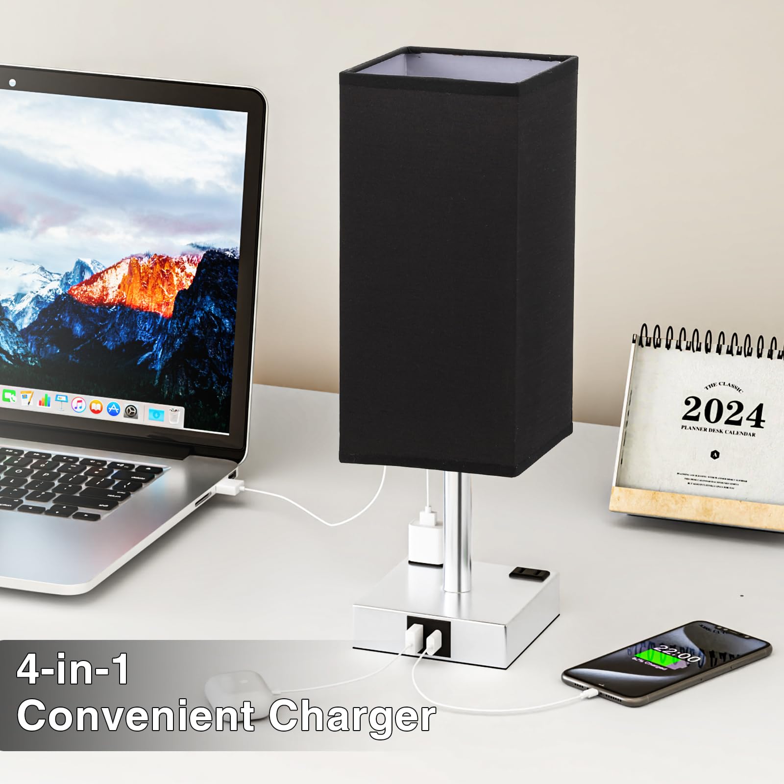 aooshine Touch Bedside Table Lamp - 3-Way Dimmable, USB A & Type C Ports, 14in, Black & Silver, E26 LED Bulb, Model 3