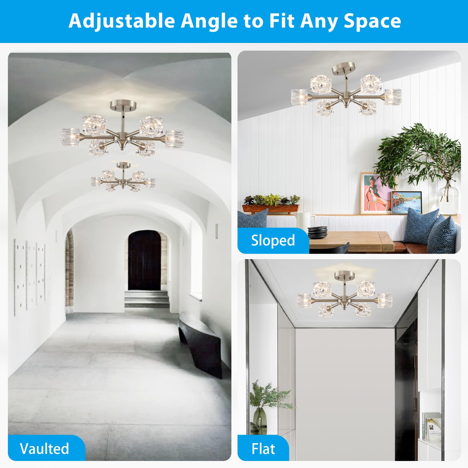 Xingqi Brushed Nickel Chandelier 6-Light 22'' Semi Flush Mount Ceiling Light Fixture Modern Round Sputnik Chandelier For Bedroom