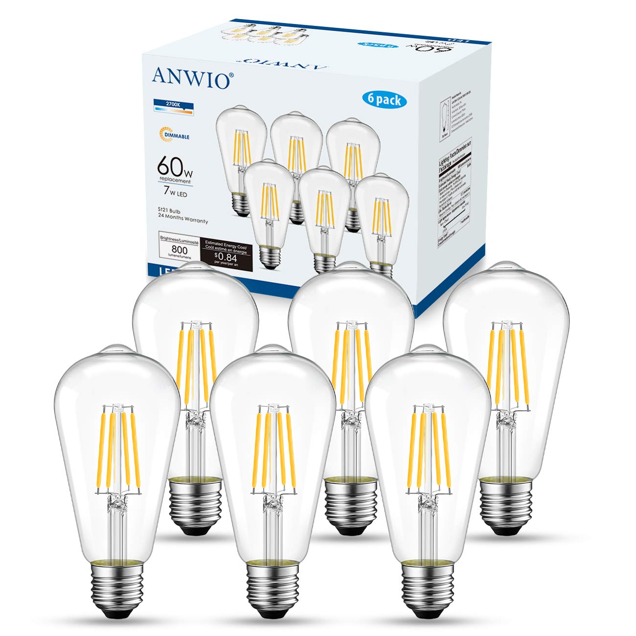 ANWIO Clear ST21 LED Edison Light Bulb LED Filament Vintage Indoor Chandelier Light Bulbs 7W(60 Watt Equivalent) 800Lumens CRI80