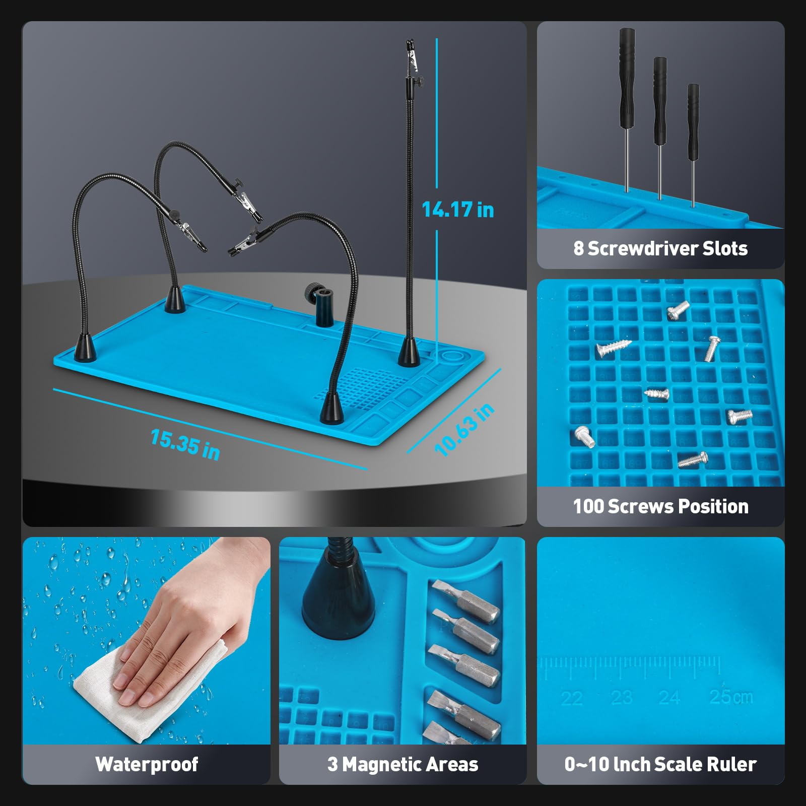 Kuvrs 10X Magnifying Glass With Light And Stand, 3 Color Modes Stepless Dimming Magnifying Desk Lamp, Silicone Repair Mat & Goos