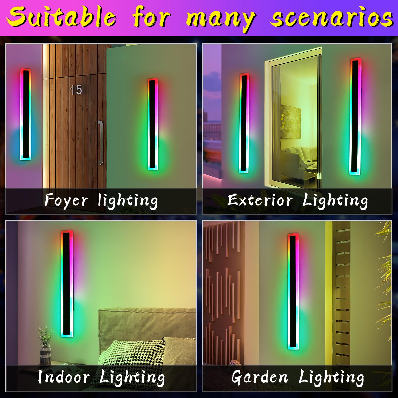 Daoseolo Modern Outdoor Wall Light - 59" RGB LED Sconce, IP65 Waterproof, Acrylic, Remote Control, Black Aluminium, 2 Pack