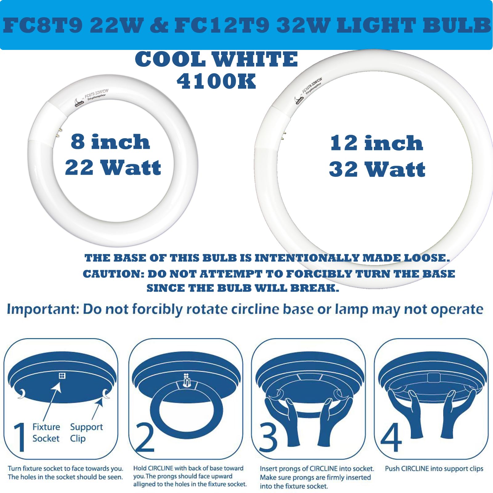 Fc8T9/Cw 22W And Fc12T9/Cw 32W Cool White Round Fluorescent Light Bulb Set, 8 Inch T9 22 Watts & 12 Inch 32 Watts Circular Bulbs