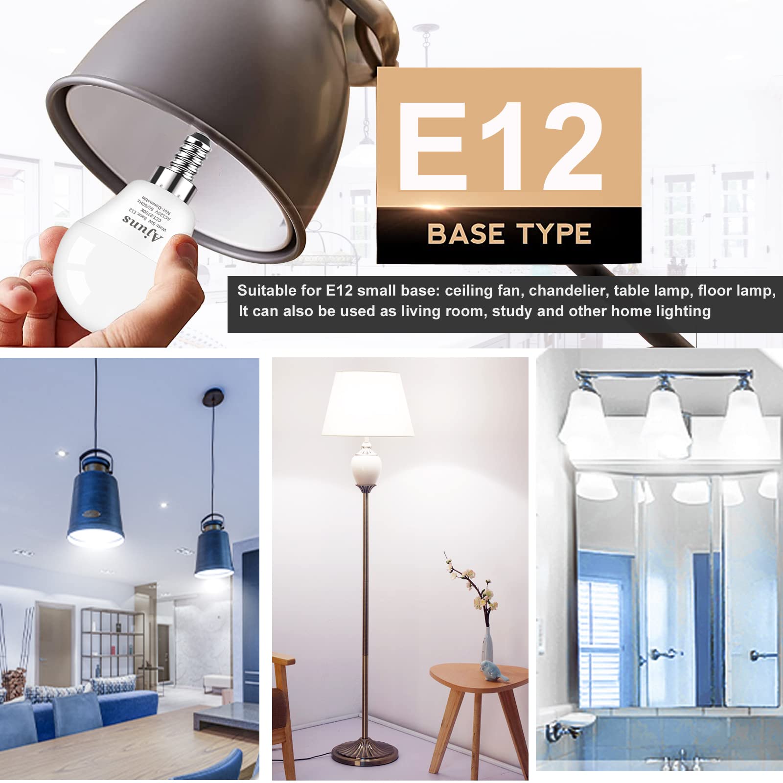 Ajuns Led Ceiling Fan Light Bulbs 40W Equivalent 120V Led Candelabra Bulb 5W Daylight White 5000K,Used For Branch Chandeliers, V