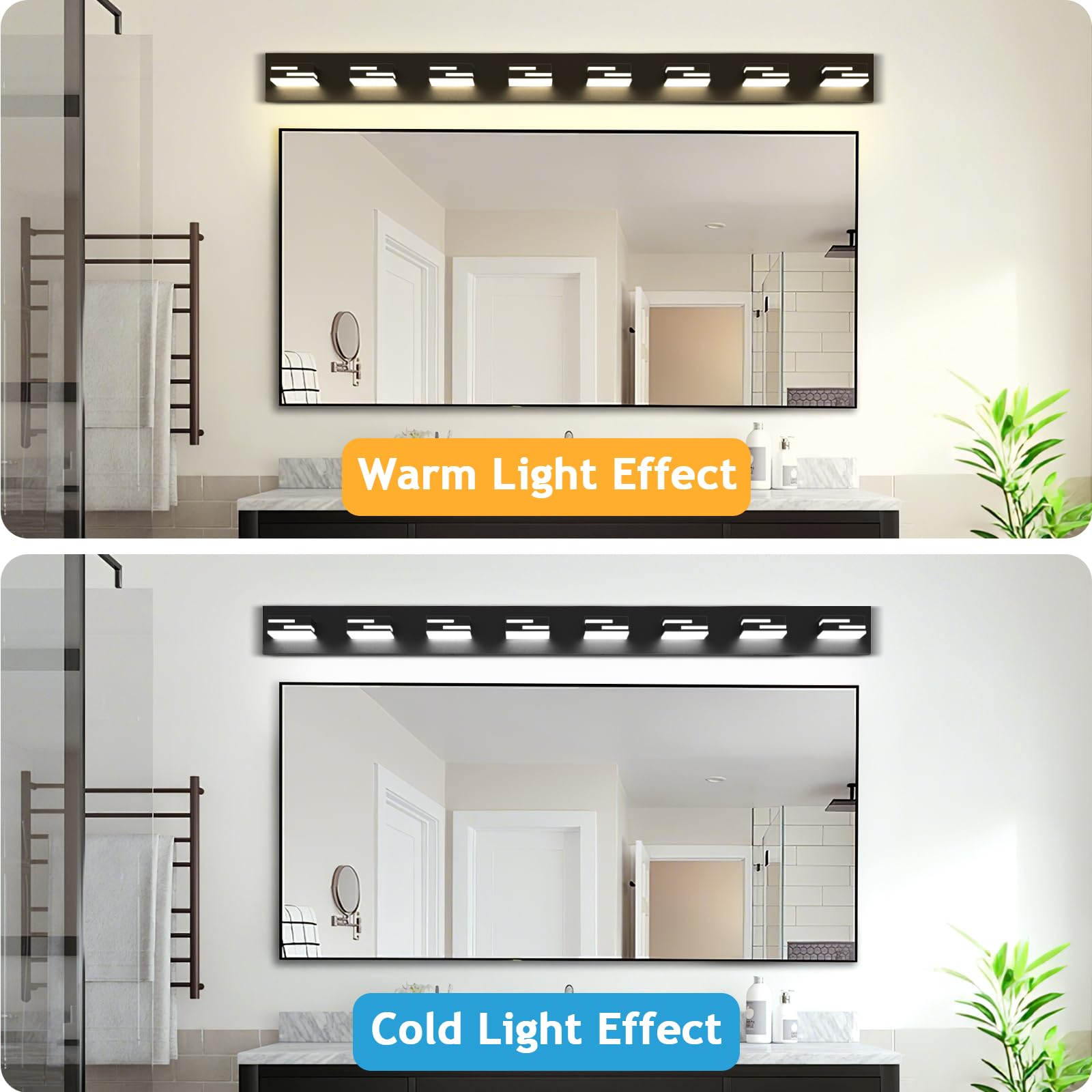Led Modern Bathroom Vanity Light Fixtures 8-Light 5Cct Dimmable Matte Black Vanity Lights For Bathroom Lighting Fixtures Over Mirror  With 350?Rotatable Acrylic Heads  55-Inch
