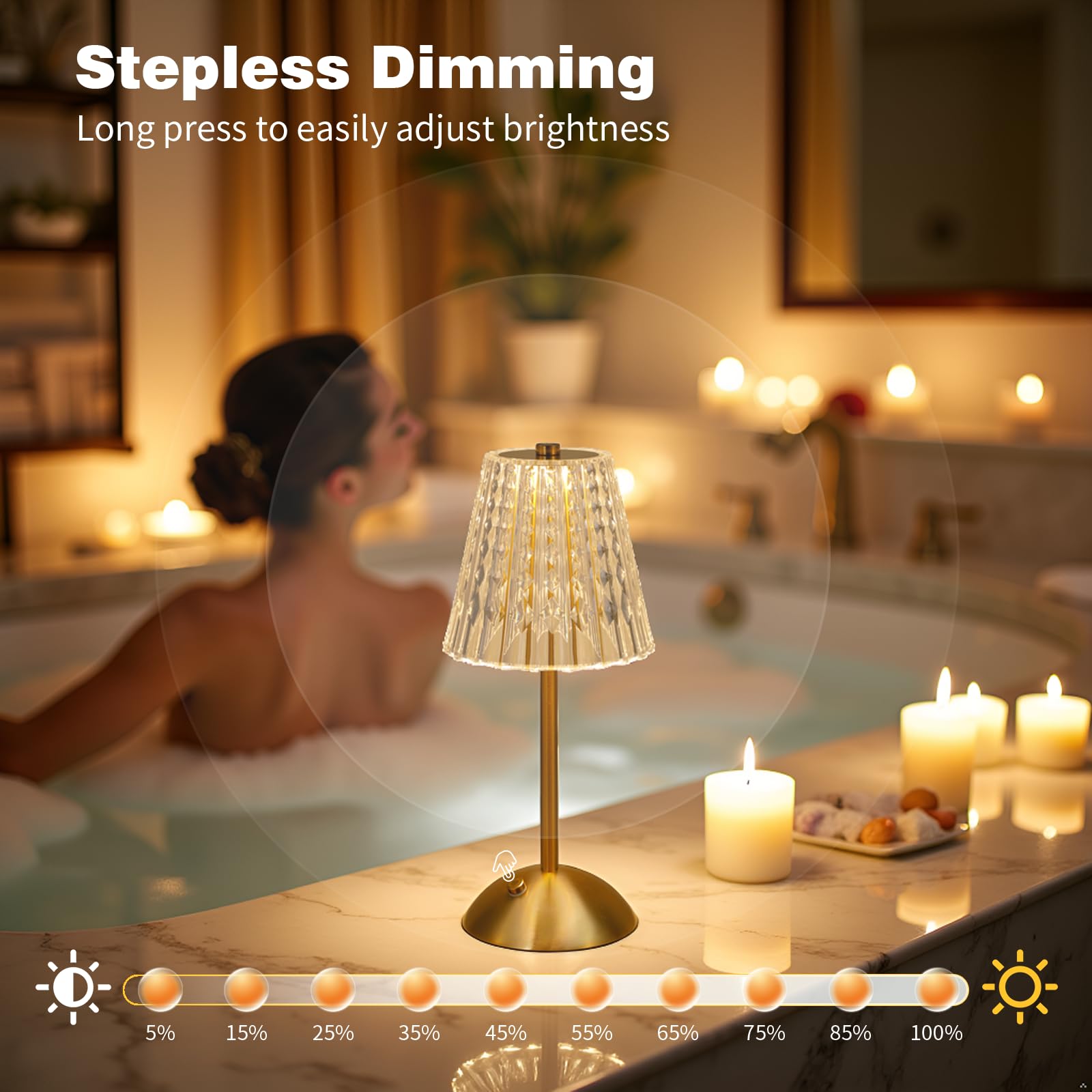 Fsaox Cordless Table Lamp - Touch Control, 3000mAh Rechargeable, Dimmable Ambient Light, Brass & Crystal, Model F-TL-003