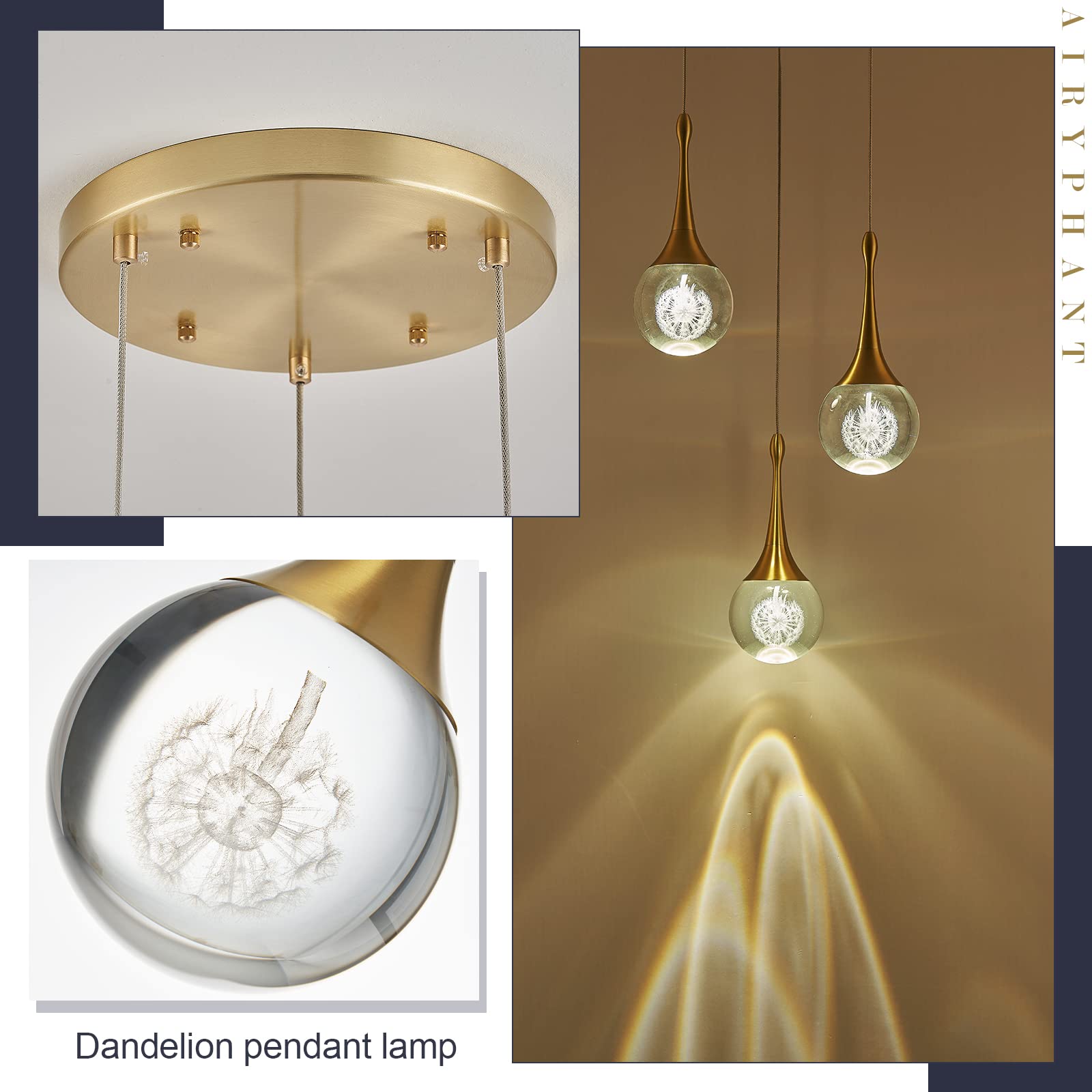 Airyphant 3 Light Gold Pendant Lighting, 15W Modern Dimmable Led Teardrop Crystal Chandelier Cluster Pendant Light For Kitchen I