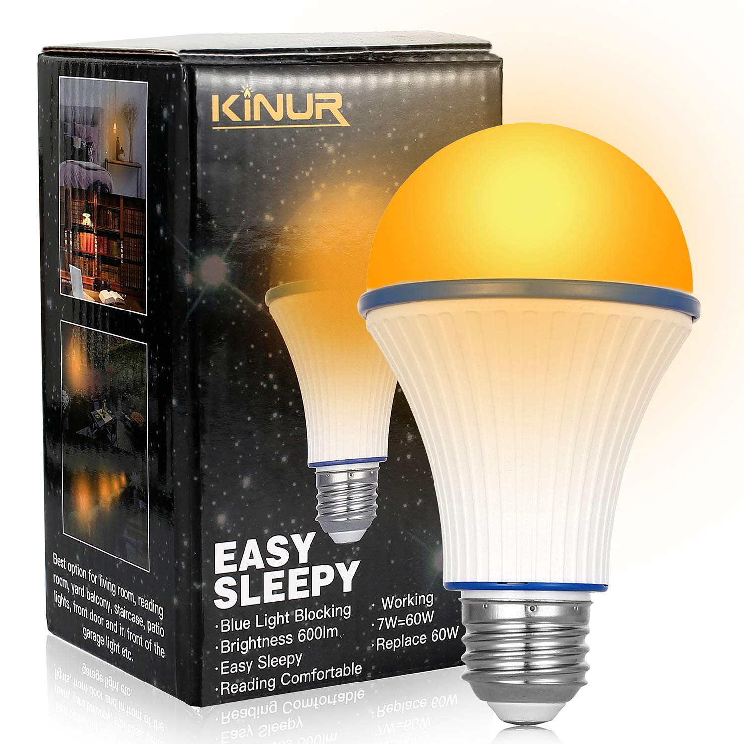 KINUR Amber Light Bulbs, Blue Light Blocking, A19 7W Equivalent, Soft Warm Sleep Light, 1 Count, UL Listed