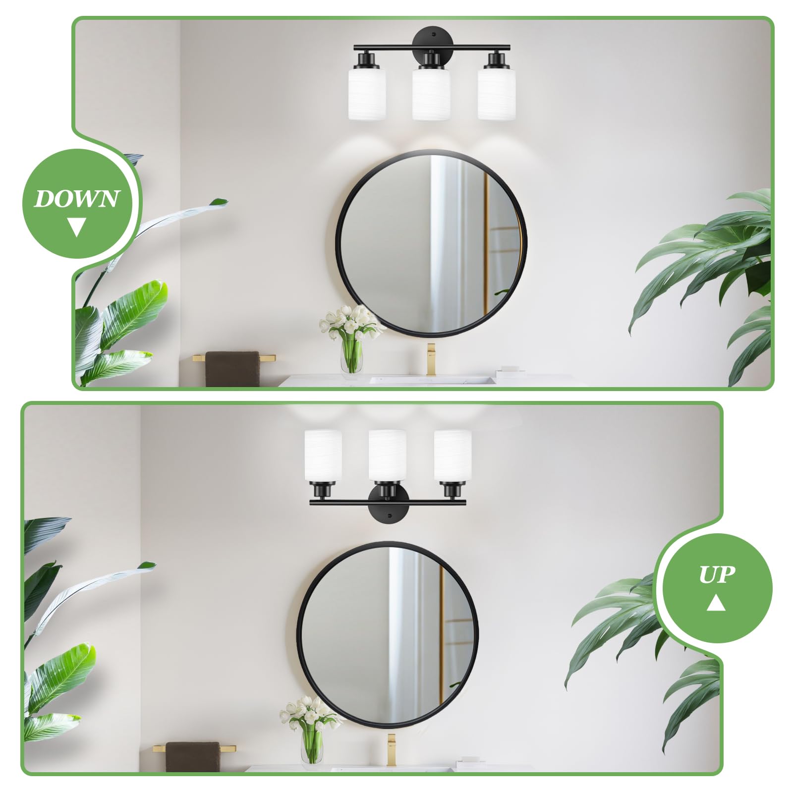 Guliaofo 3-Light Bathroom Vanity Light Fixtures, Matte Black, Milky White Frosted Glass Shade, E26 Base, Model Gu-111-LWNBH-3