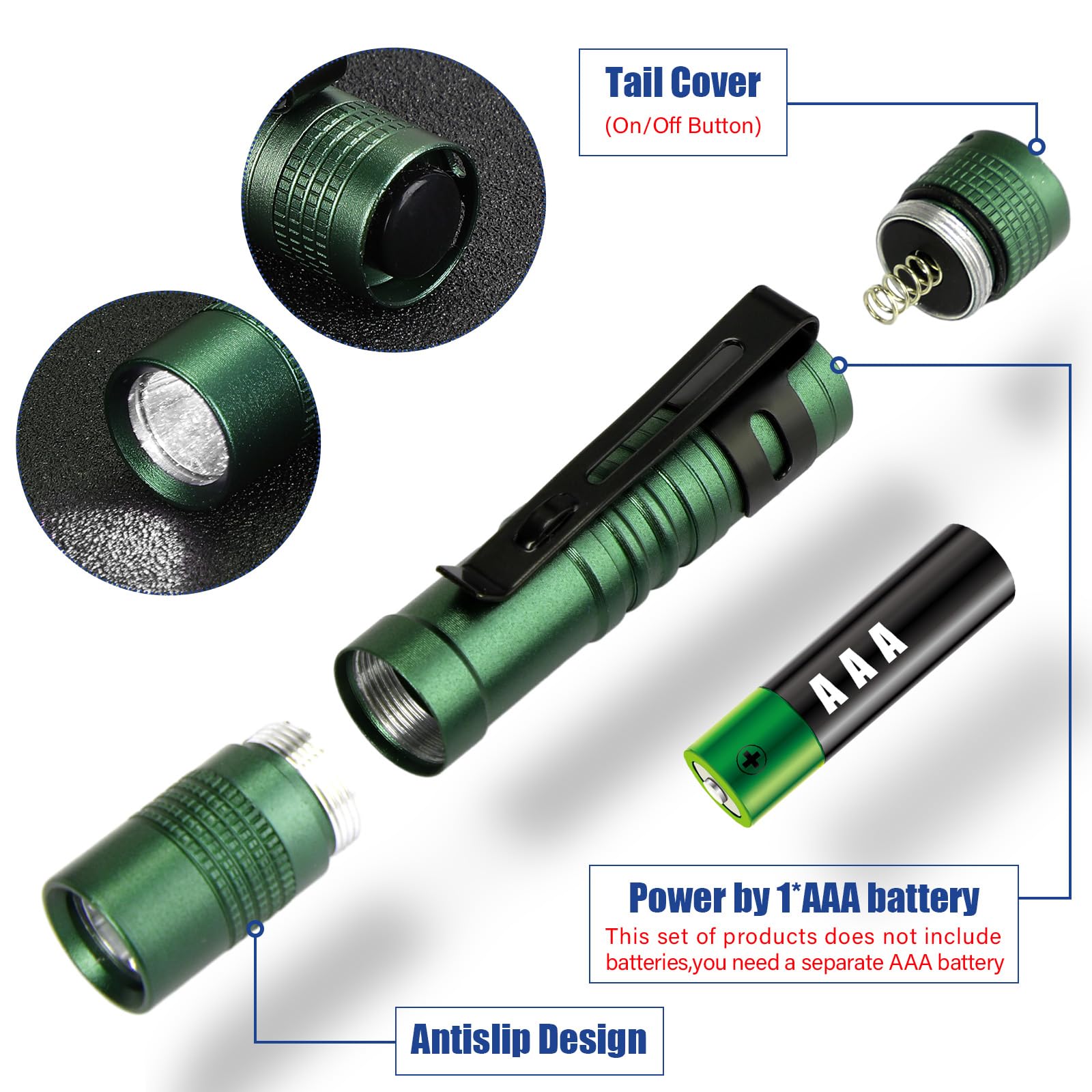 Hortsun Mini Pen Light Flashlight, Green, 3.54 Inch, Aluminum, Pocket Size, LED, Clip-On Design, 20 Pcs Gift Set