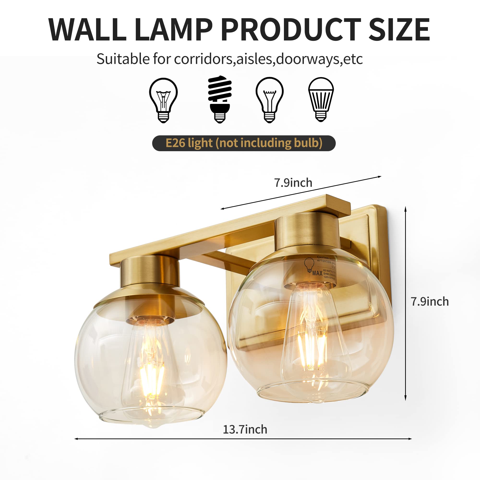 Pazala 2 Light Vanity Lights, Brushed Brass Bathroom Wall Sconce Light With Globe Glass Shade, Bathroom Light Fixture Over Mirro