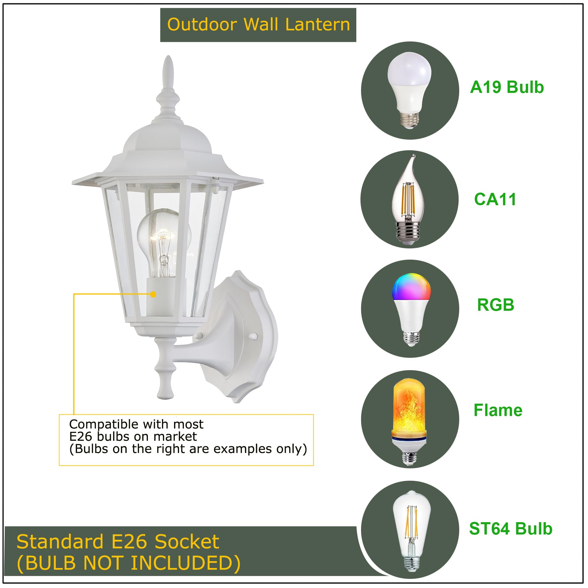 WISBEAM White Outdoor Wall Lantern, Metal Housing, Wet Location Rated, E26 Base 60W Max, Model WS-WL003, 1 Pack