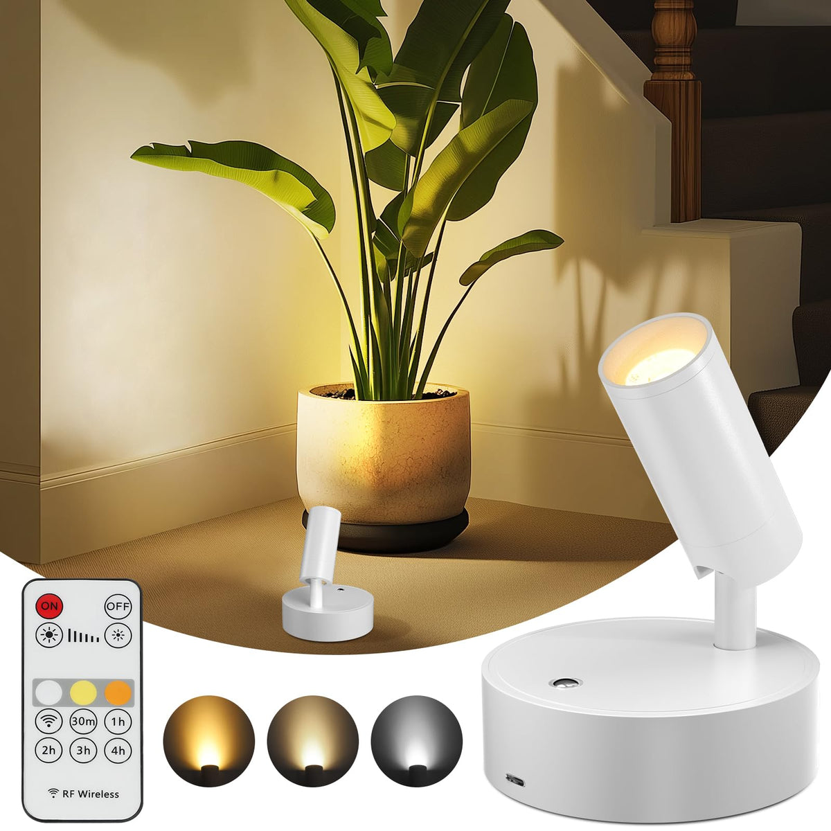 TaoFiaCo Wireless Led Spotlight Indoor, Rechargeable Uplighting Indoor with Remote Dimmable, 360 Rotate, Battery Powered Ceiling