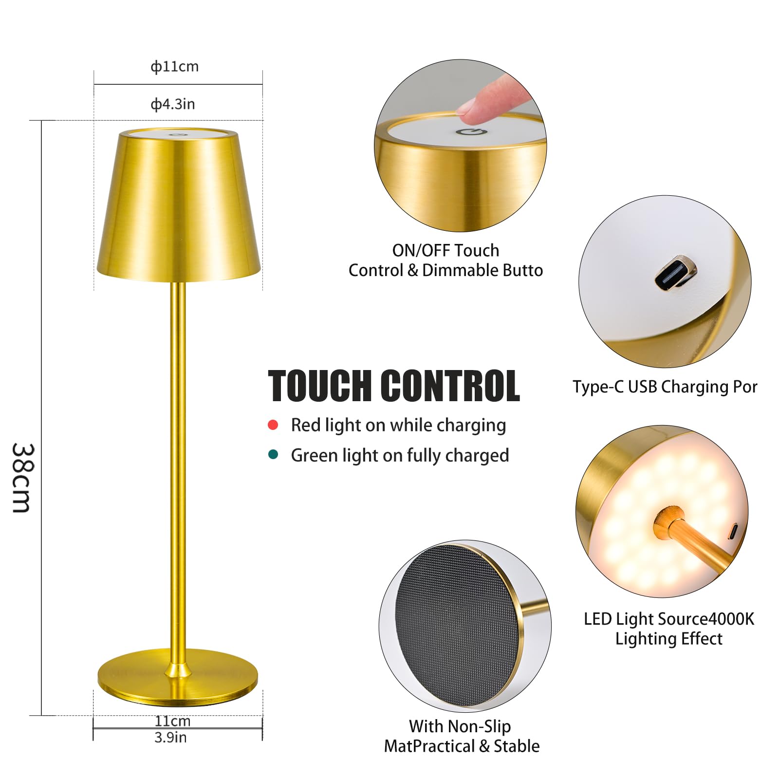 Zoeger 2 Pack Cordless Table Lamp,Portable Led Desk Lamp, 6000Mah Battery Operated, 3 Color Stepless Dimming Up, For Restaurant/Bedroom/Bars/Outdoor Party/Camping/Coffee Shop Night Light(Gold)