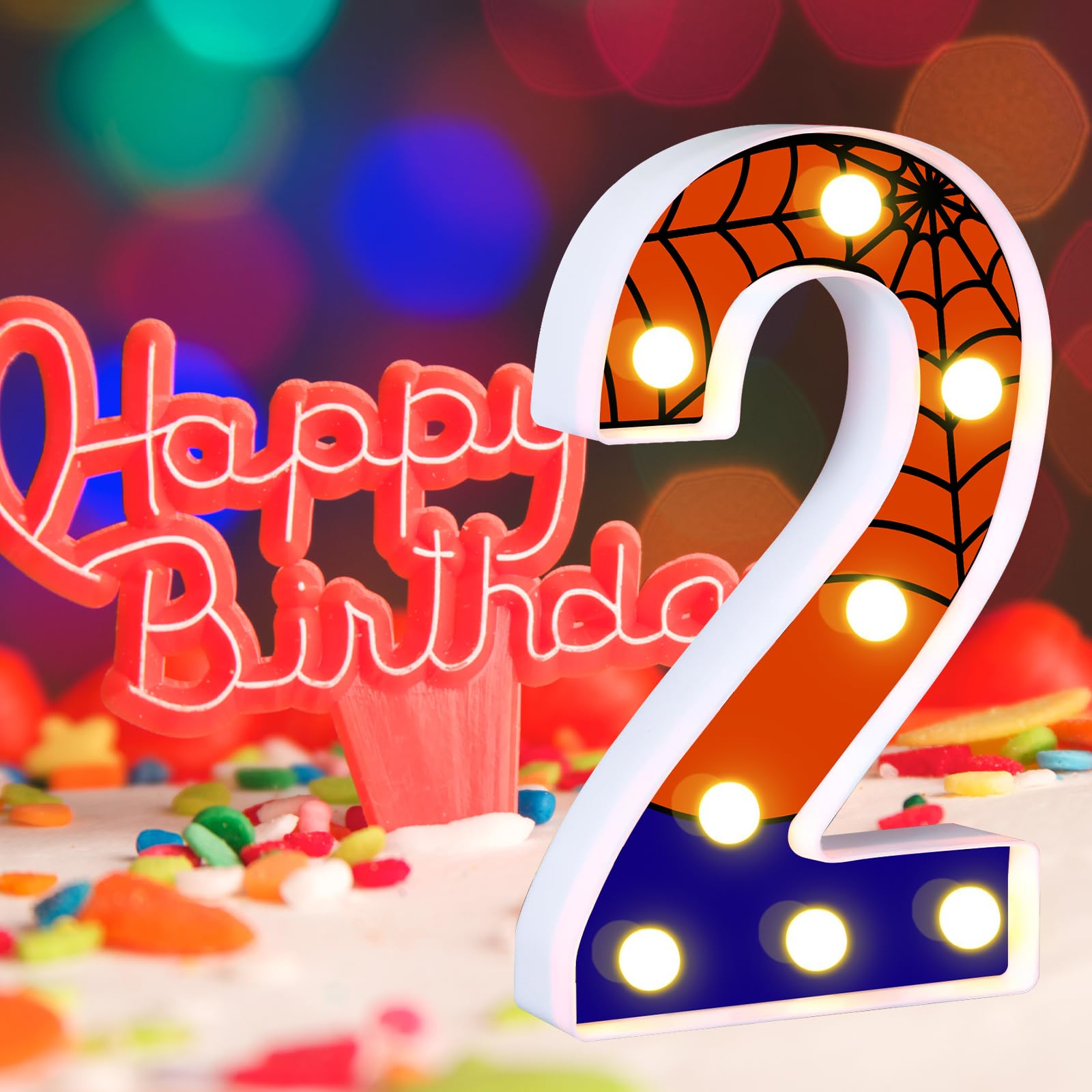 Axbmm 8.5" Spider Light Up Numbers Spider Birthday Decorations Happy Birthday Light Up Sign Night Light For Spider Decorations Spider Party Favors Spider Birthday Party Supplies (Number 2)