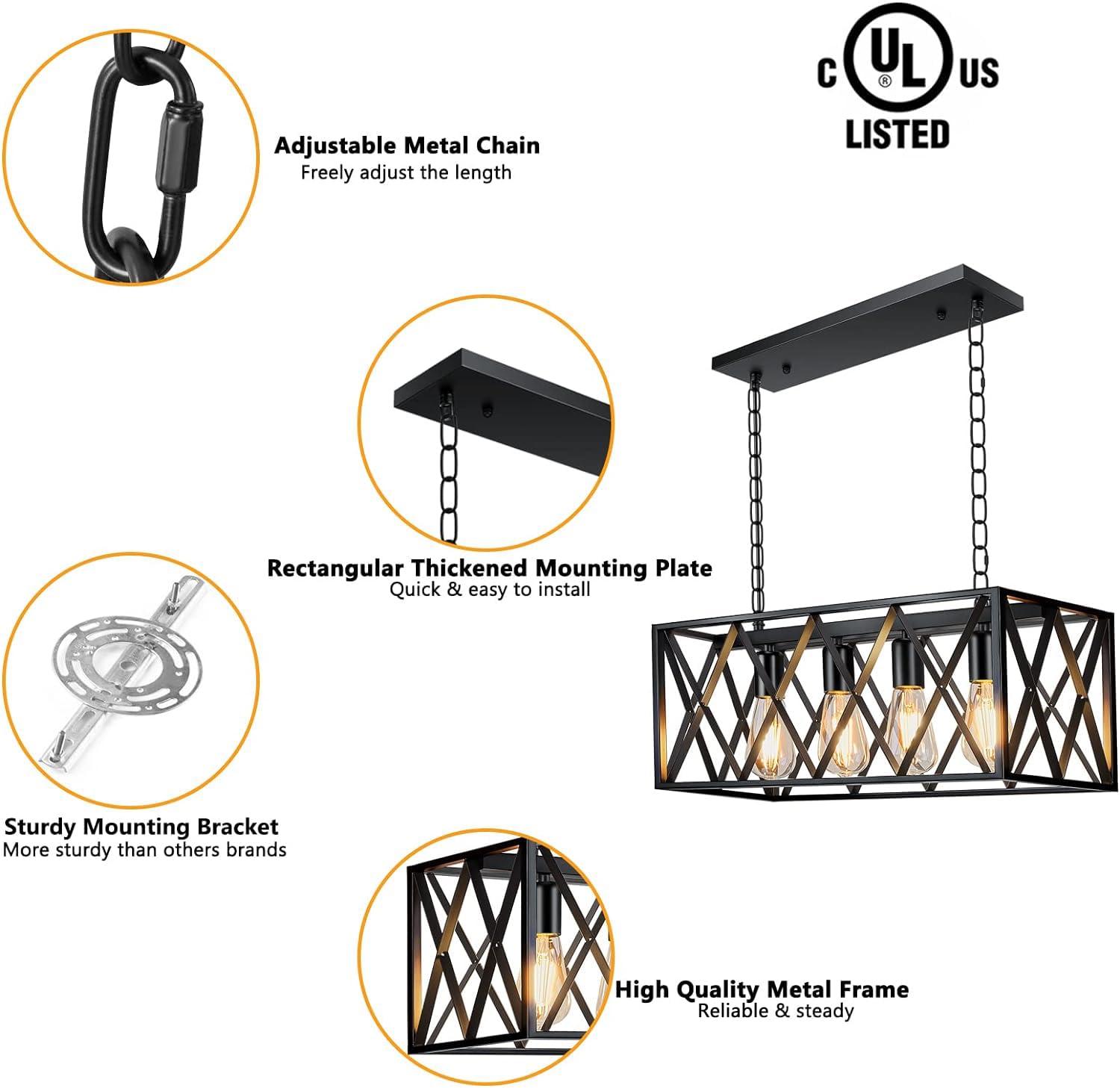 Pynsseu Industrial Kitchen Island Pendant Light, 4-Light, Rectangular, Metal, Black, Vintage Rustic